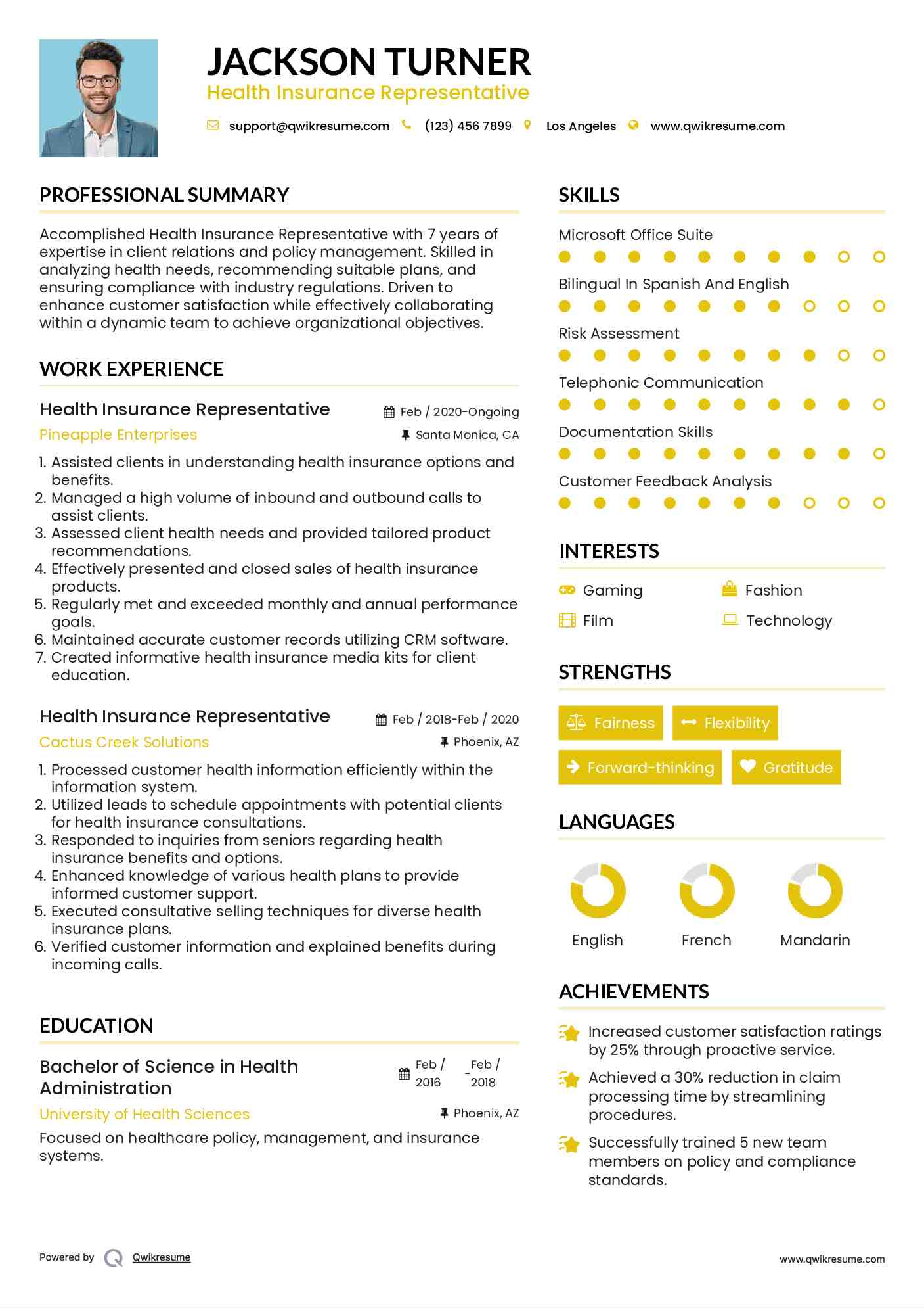 Health Insurance Representative Resume Example