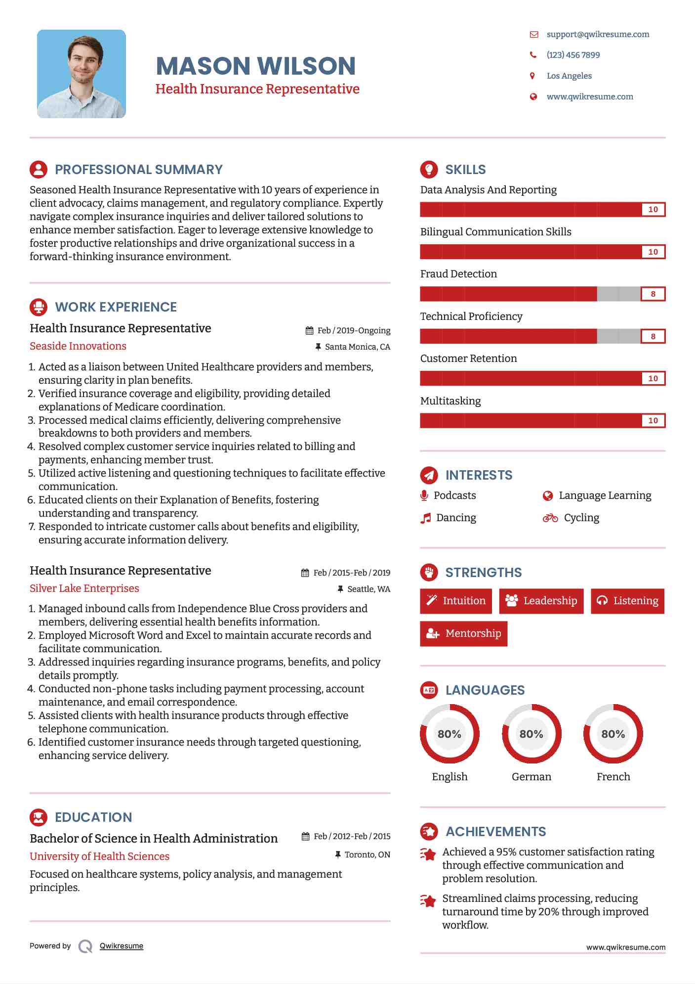 Health Insurance Representative Resume Example