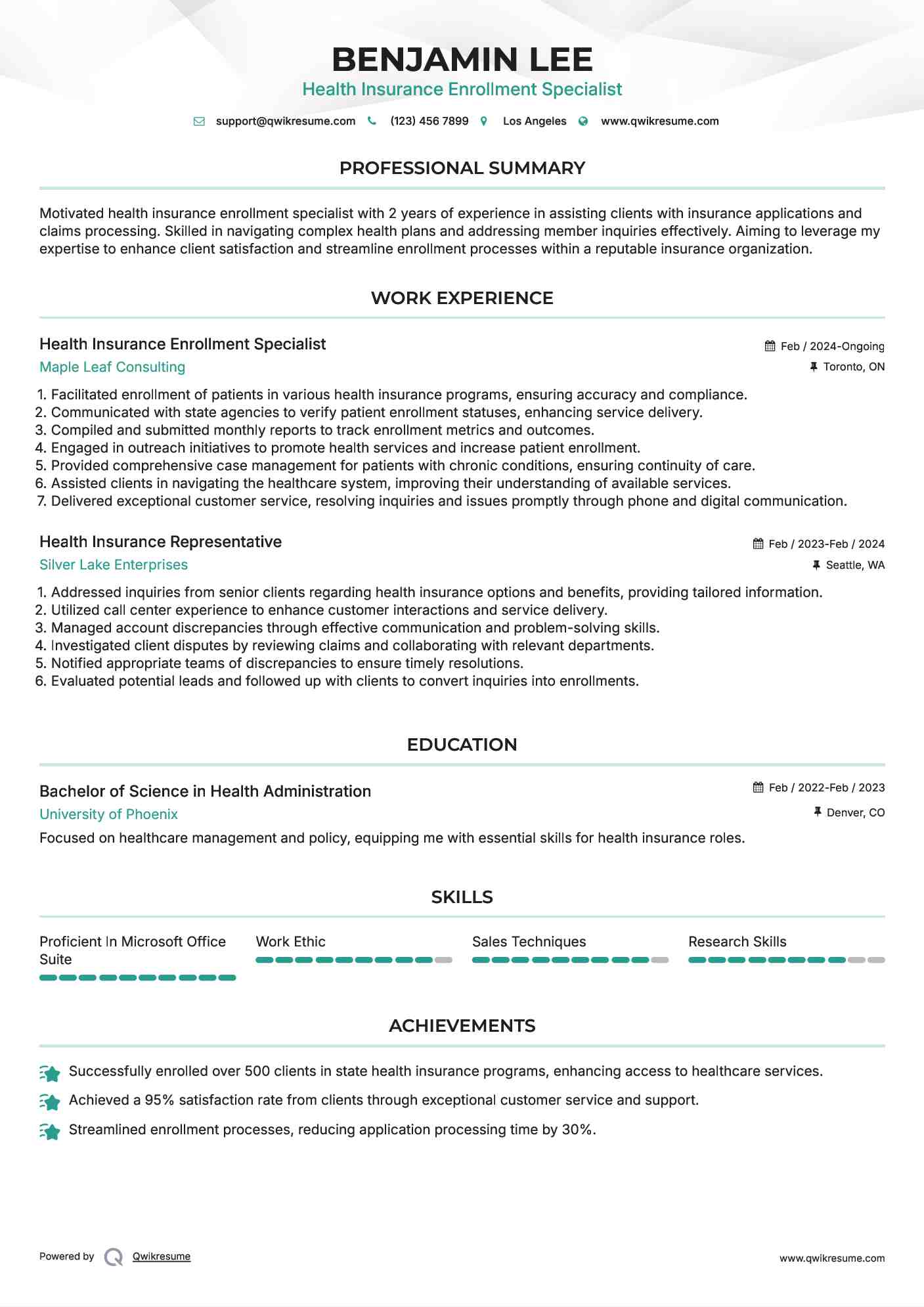 Health Insurance Enrollment Specialist Resume Example