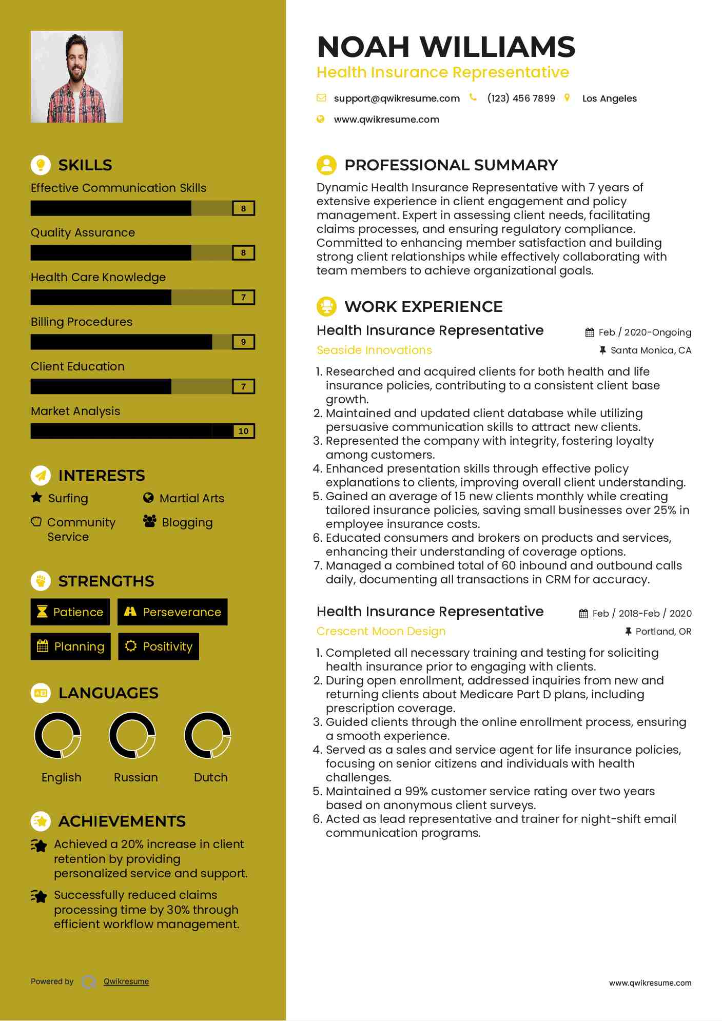 Health Insurance Representative Resume Example