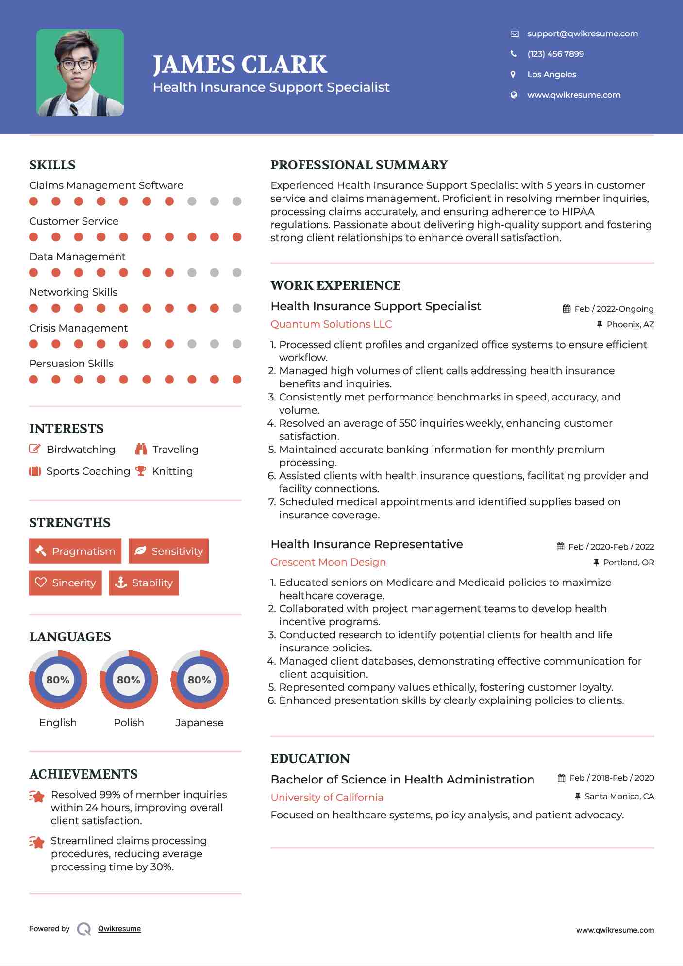 Health Insurance Support Specialist Resume Template
