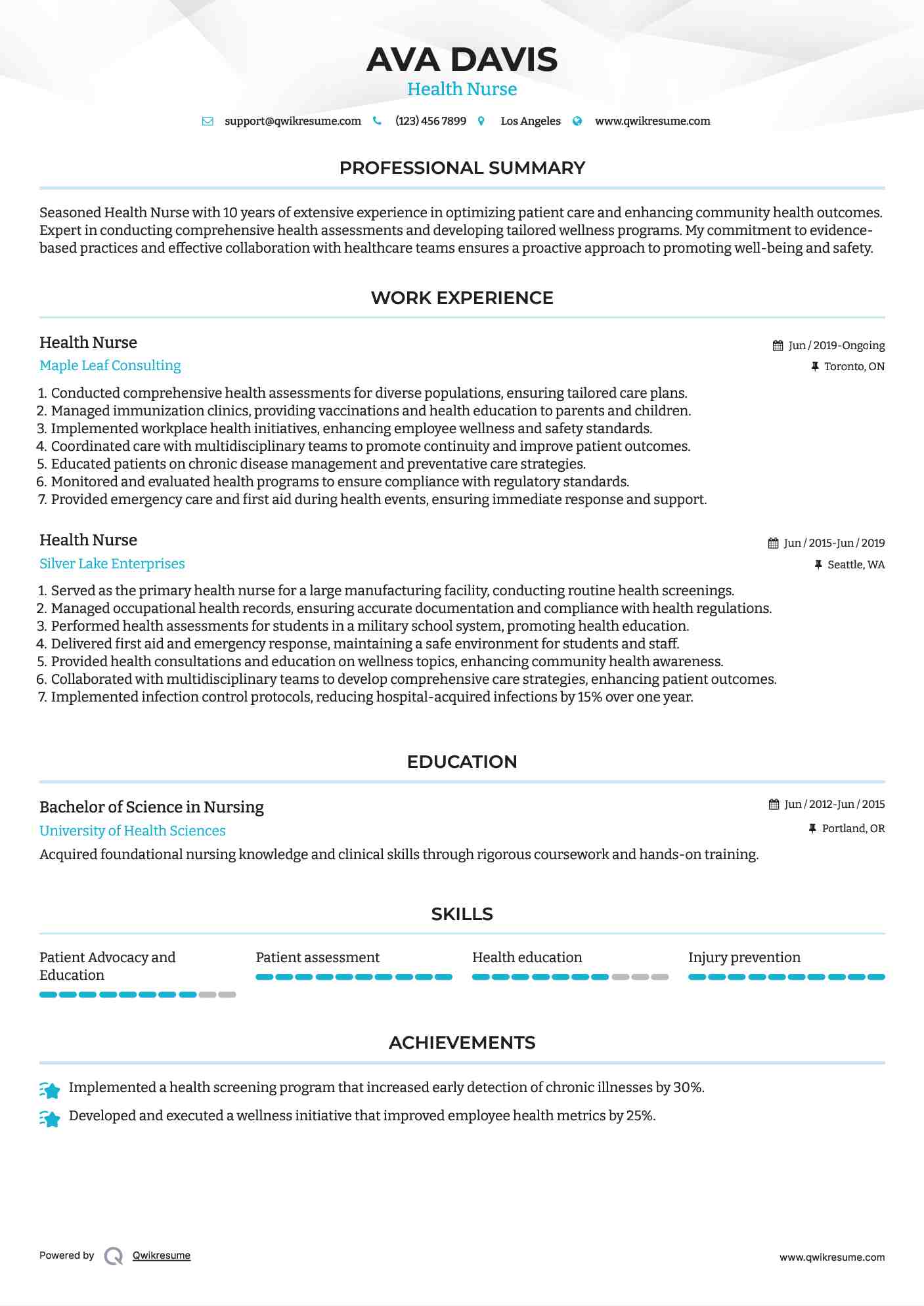 Health Nurse Resume Example