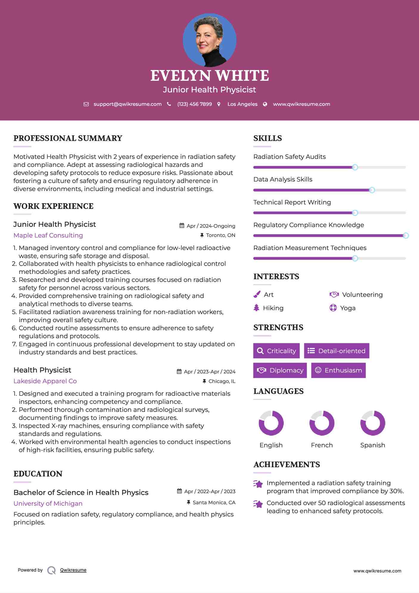 Junior Health Physicist Resume Example