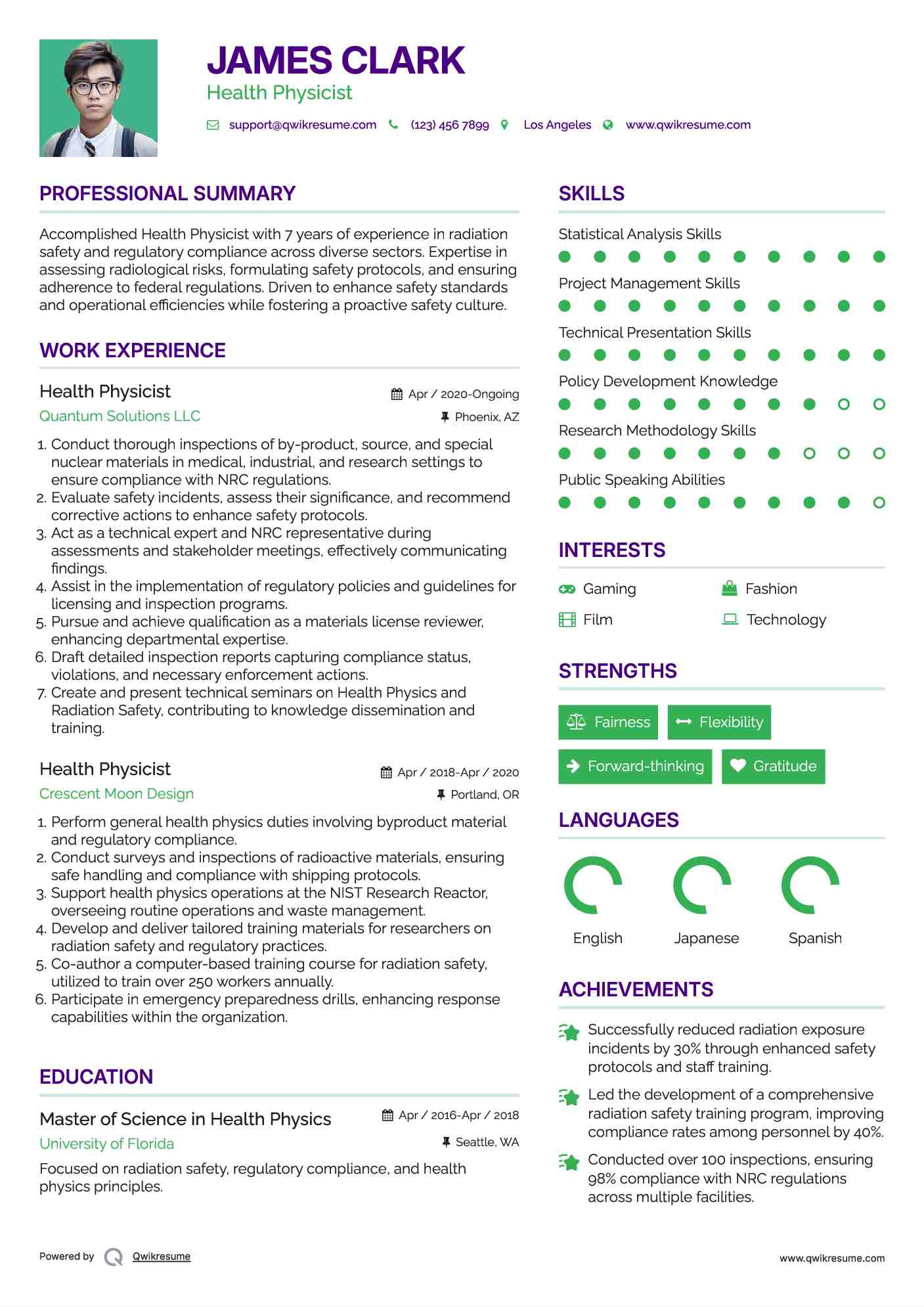 Health Physicist Resume Example