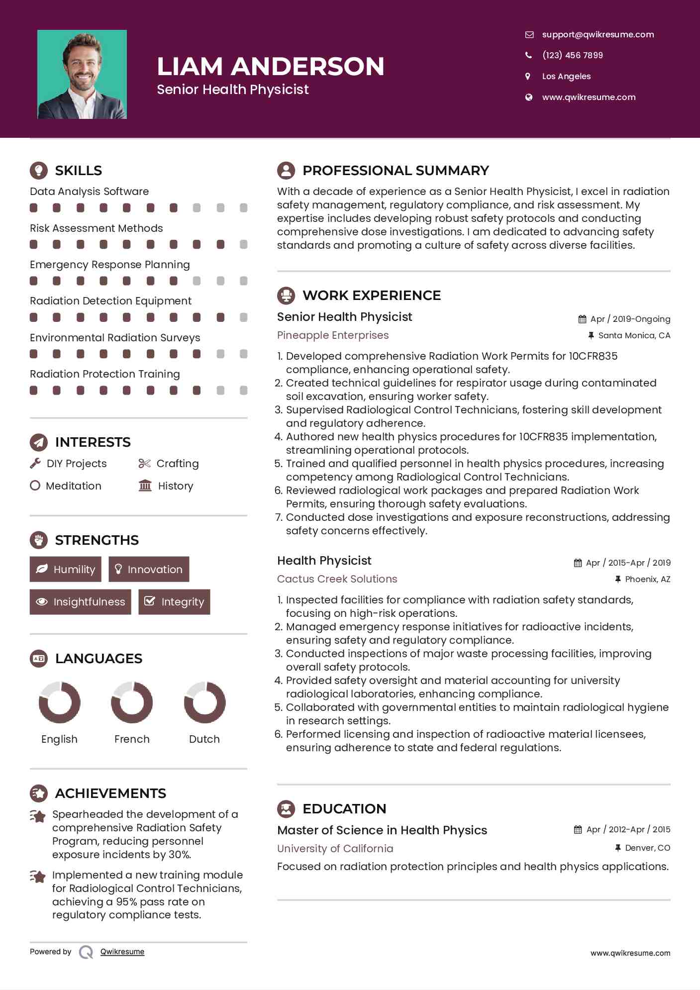 Senior Health Physicist Resume Example