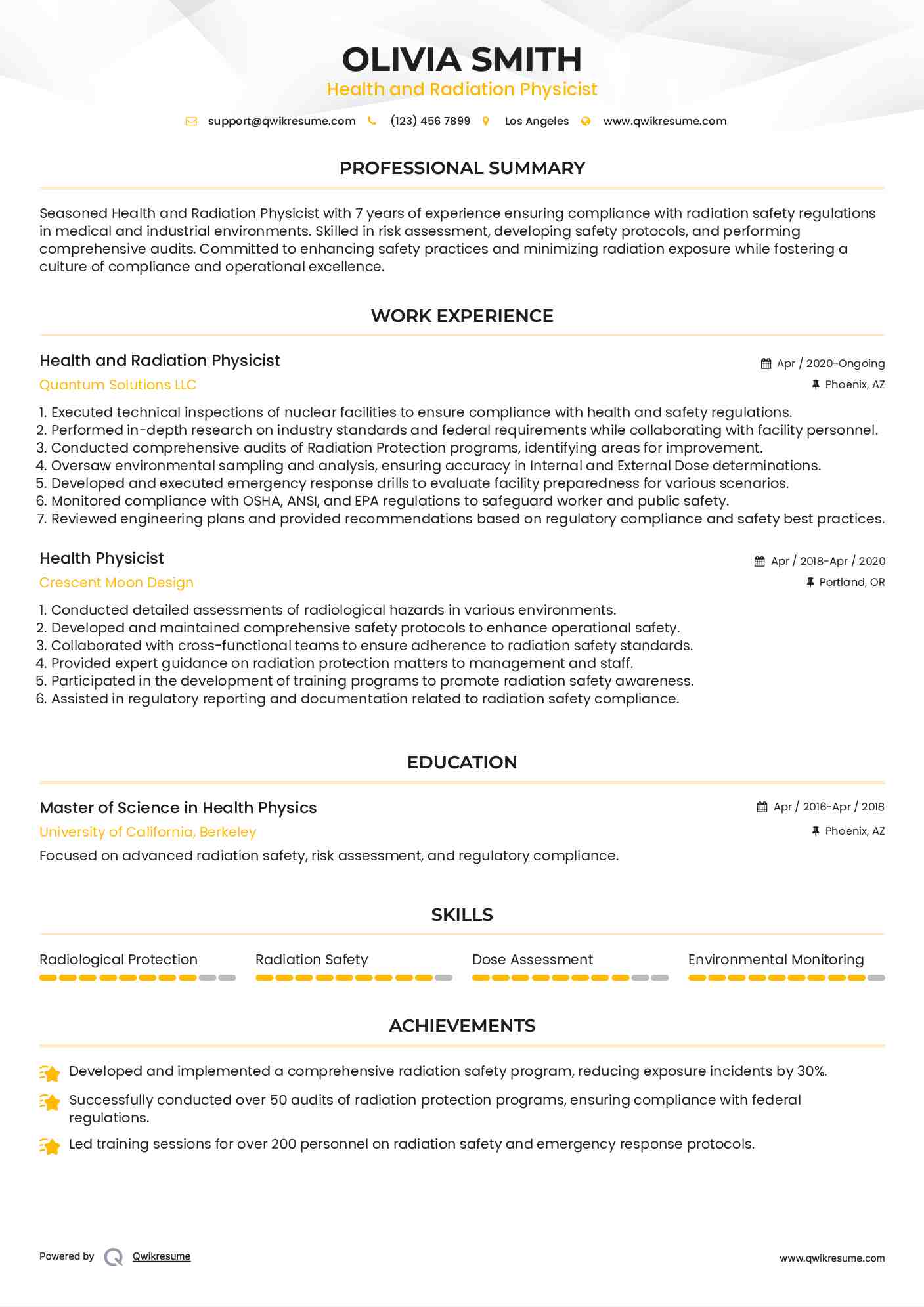 Health Physicist Resume Samples QwikResume