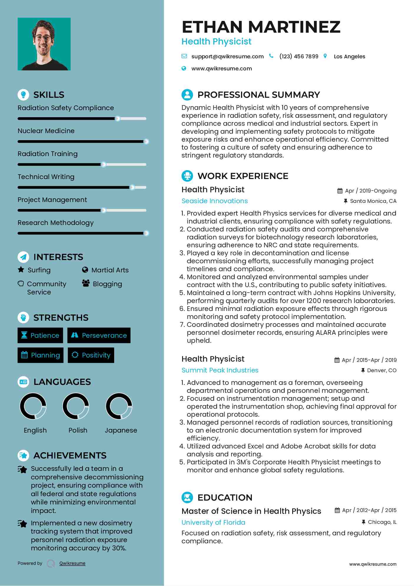Health Physicist Resume Template