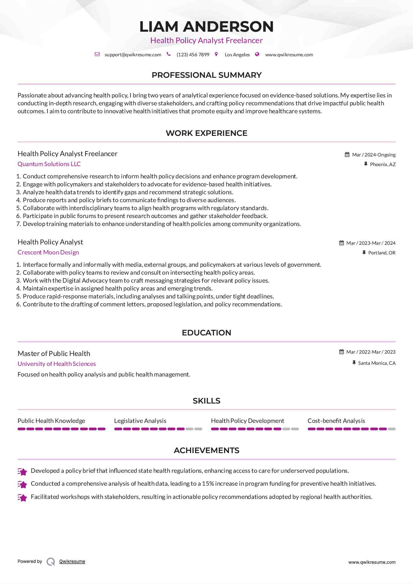 Health Policy Analyst Freelancer Resume Example