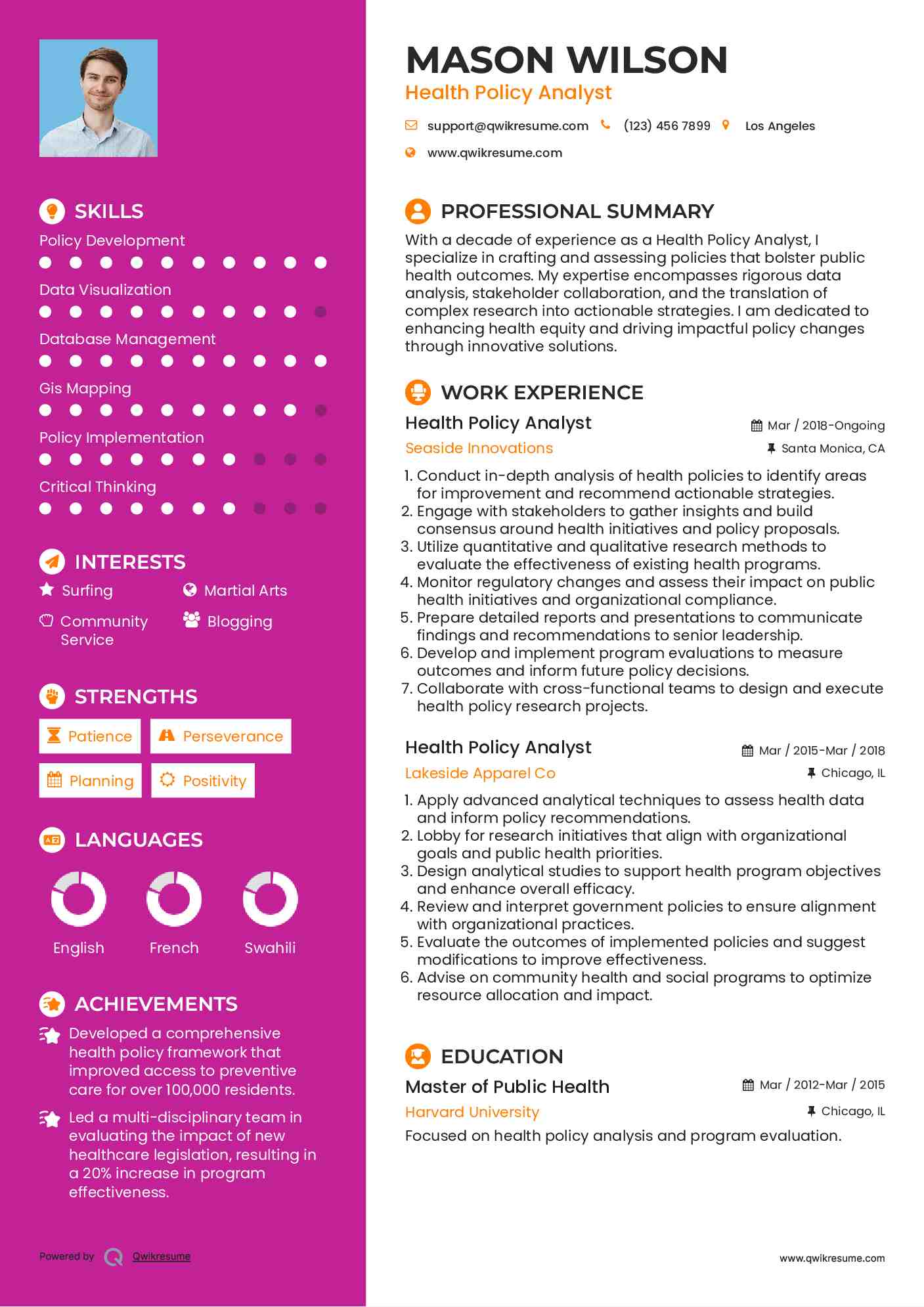 Health Policy Analyst Resume Example