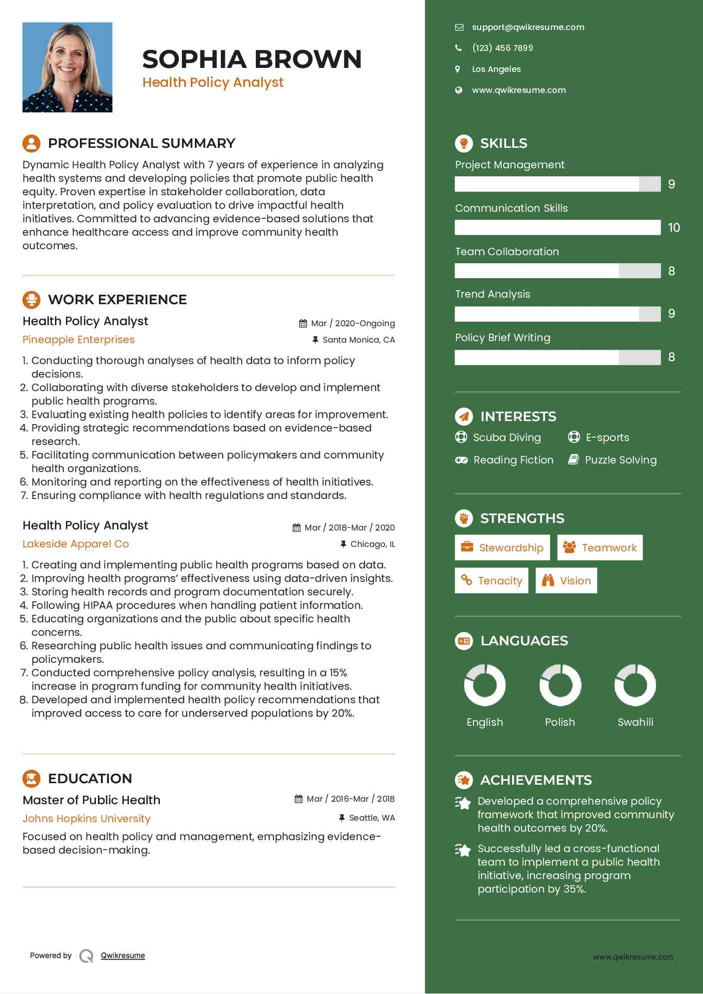 Health Policy Analyst Resume Example