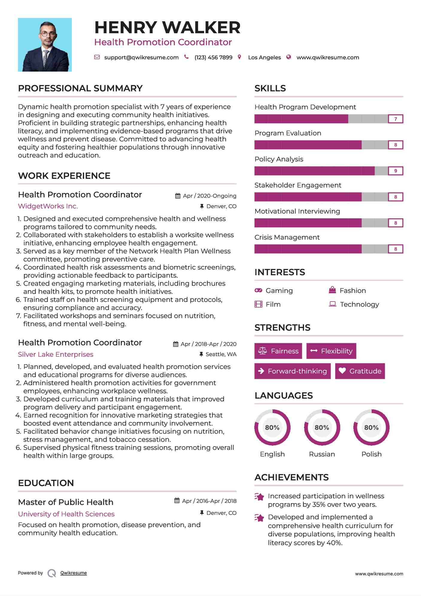 Health Promotion Coordinator Resume Format