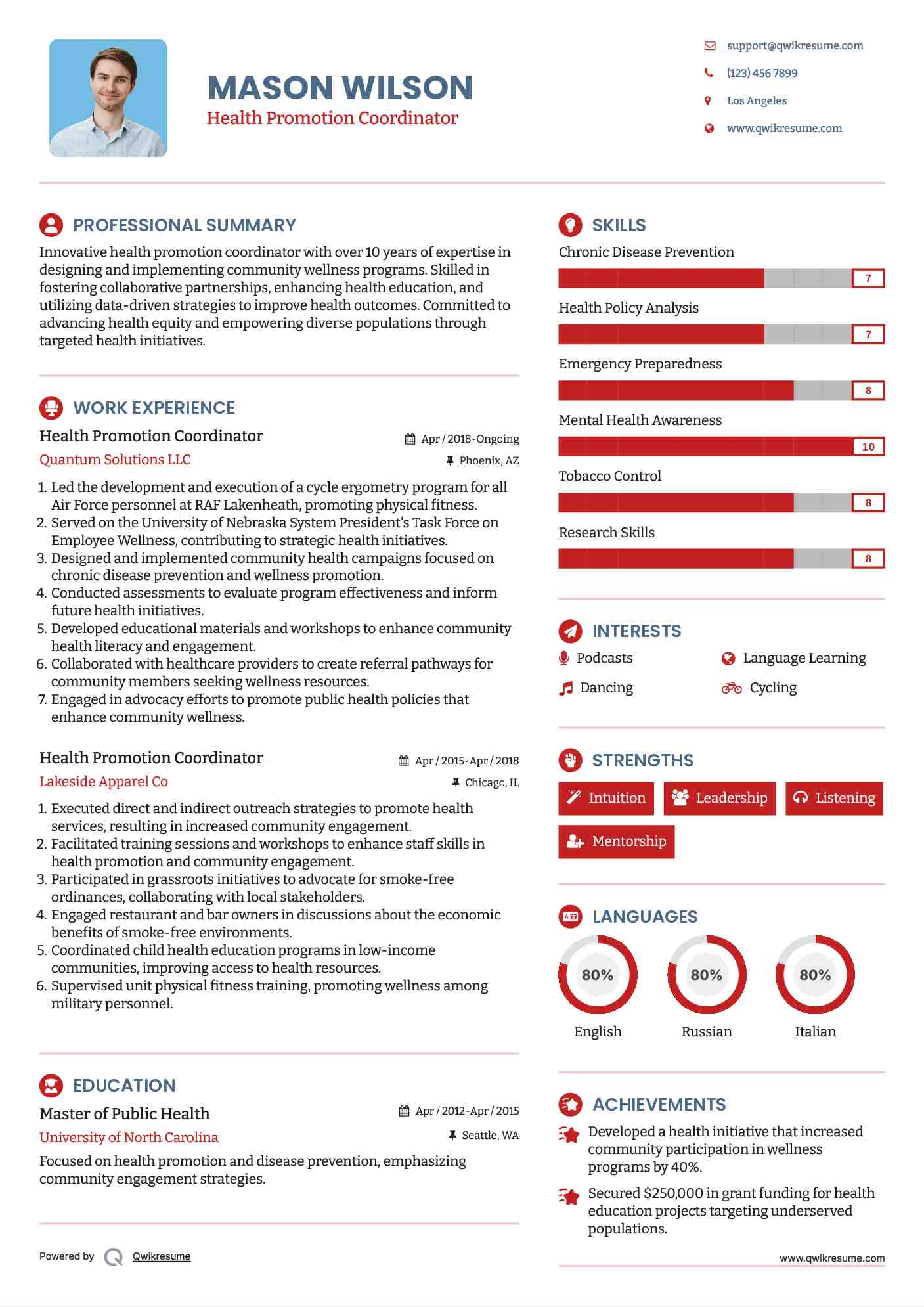 Health Promotion Coordinator Resume Template