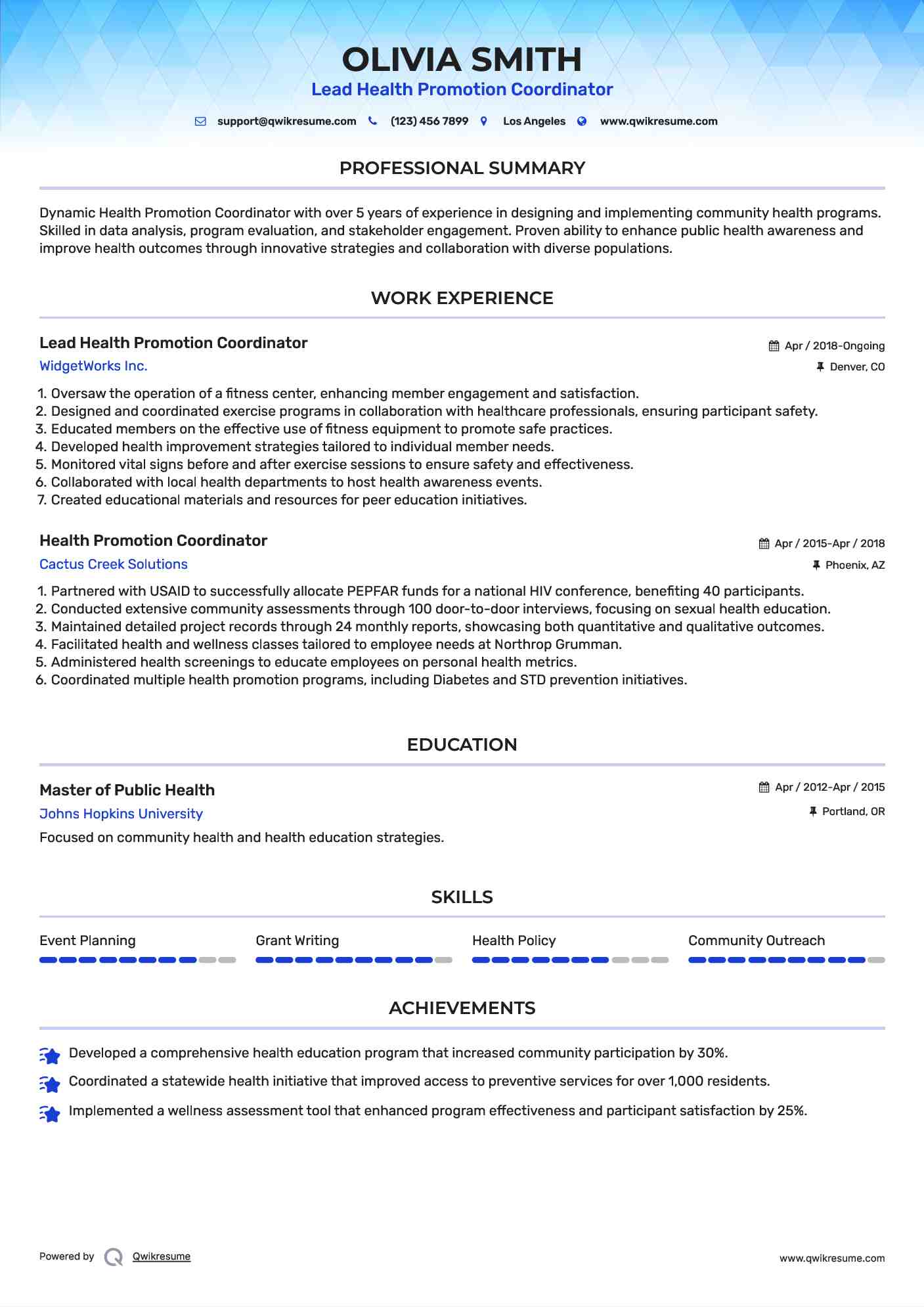 Lead Health Promotion Coordinator Resume Format