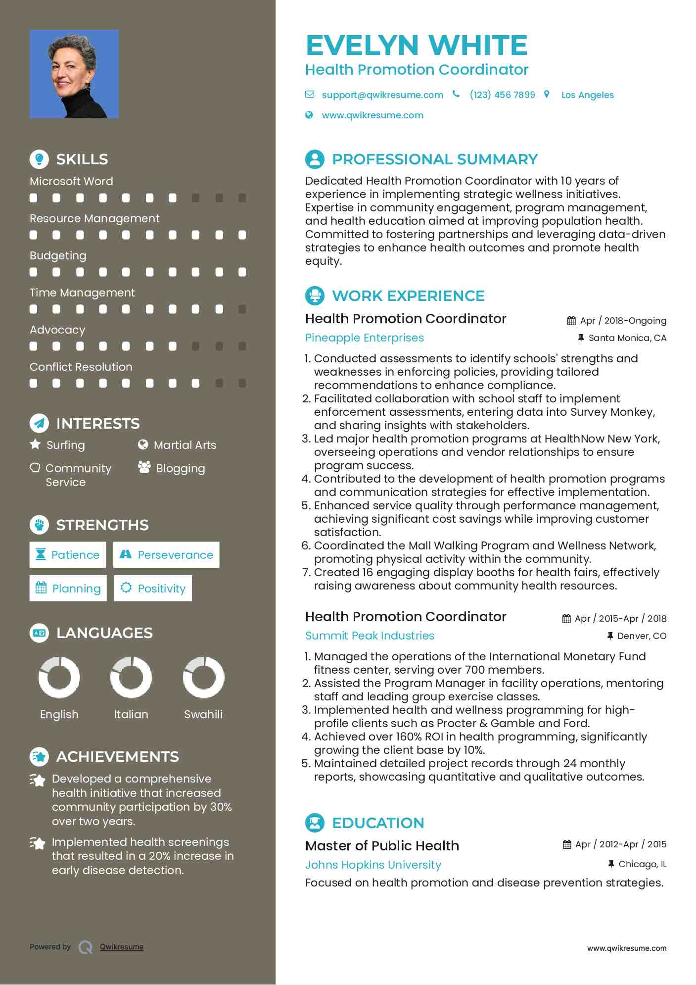 Health Promotion Coordinator Resume Sample