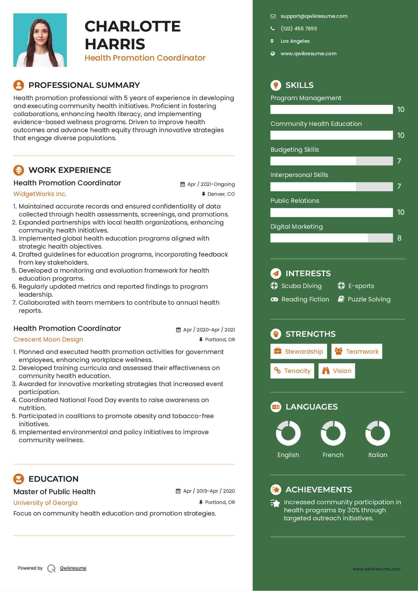 Health Promotion Coordinator Resume Model