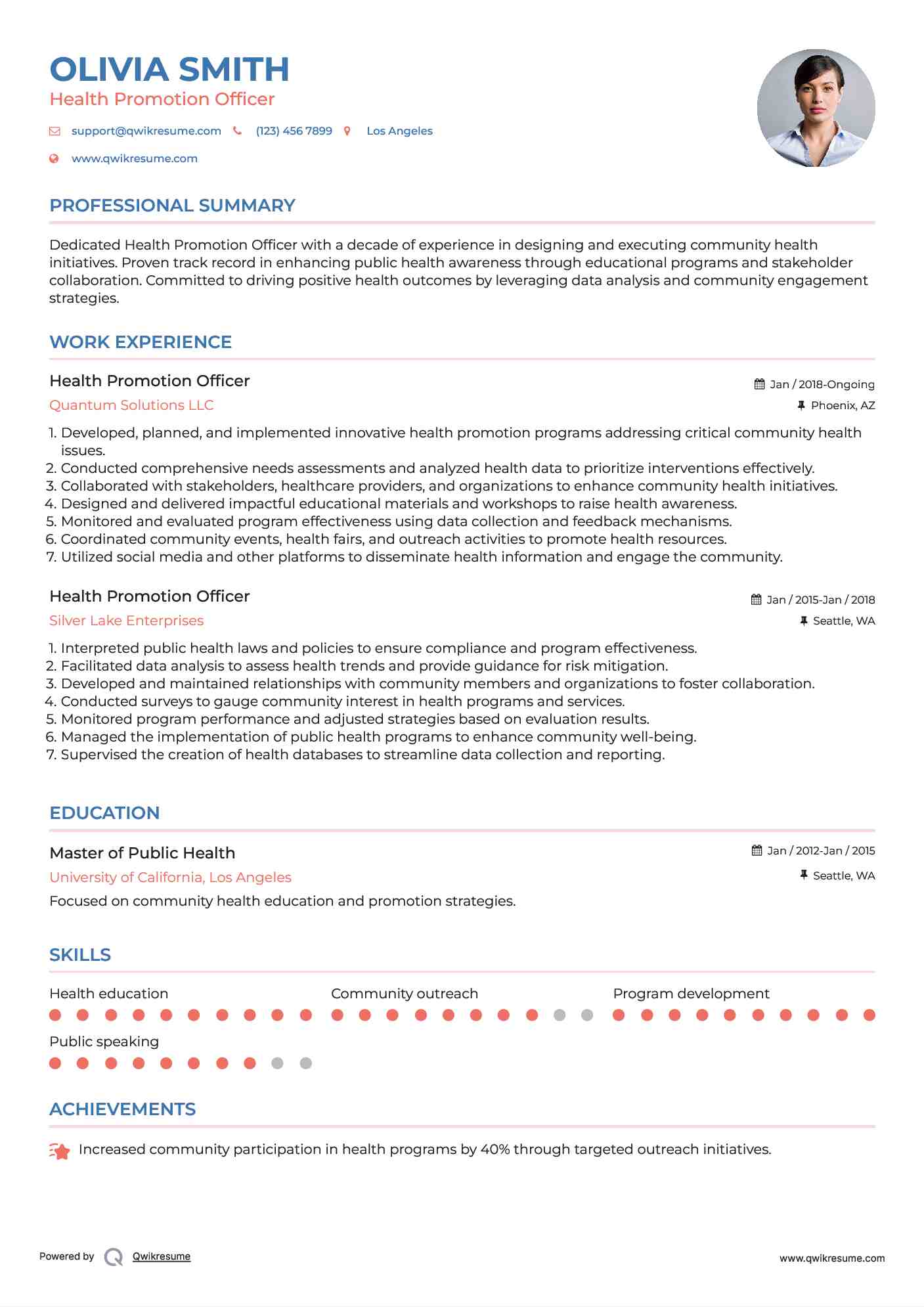 Health Promotion Officer Resume Template