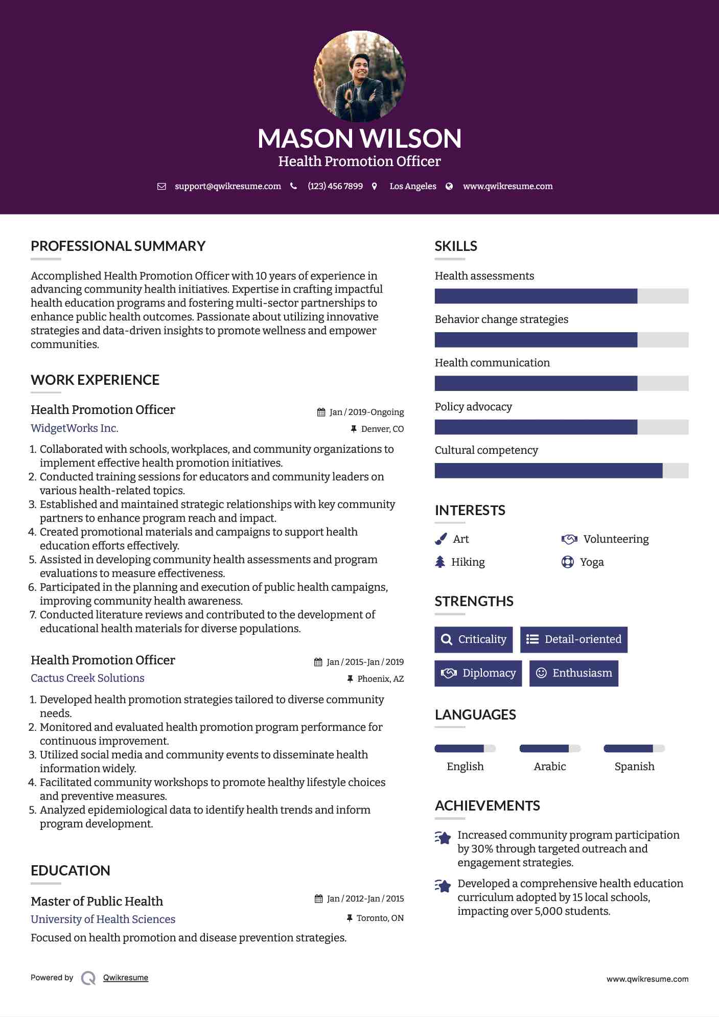 Health Promotion Officer Resume Sample