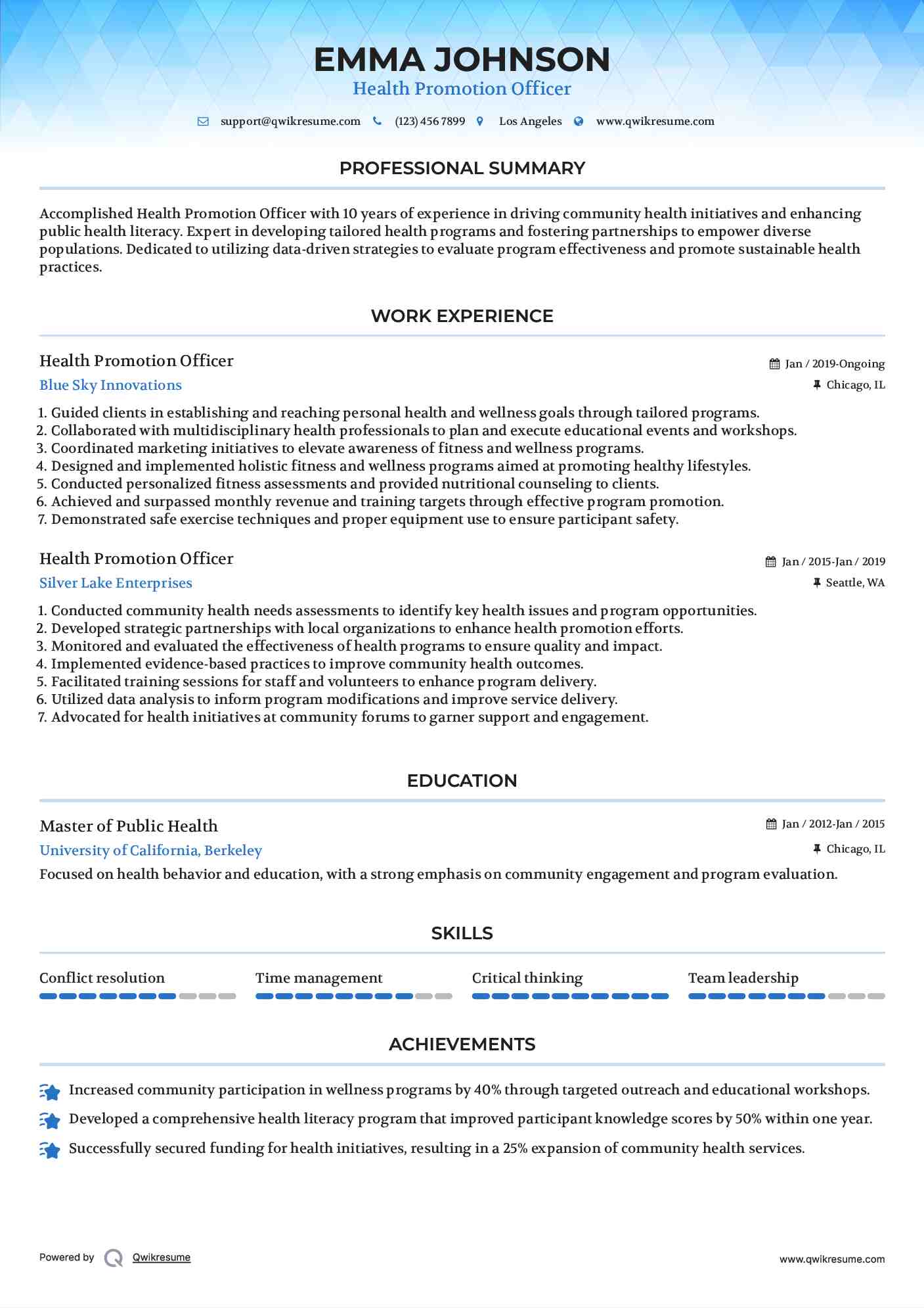 Health Promotion Officer Resume Example