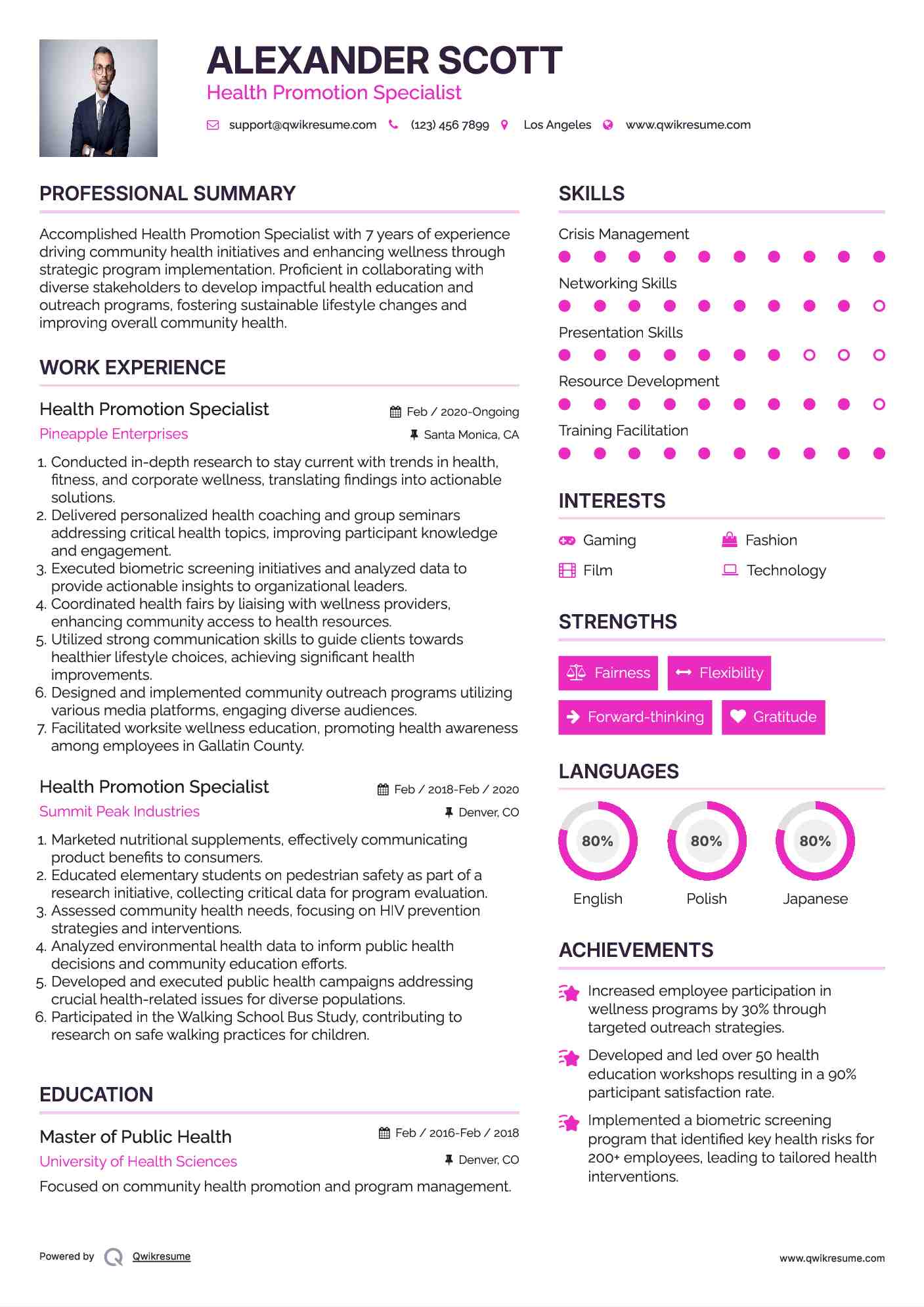 Health Promotion Specialist Resume Sample