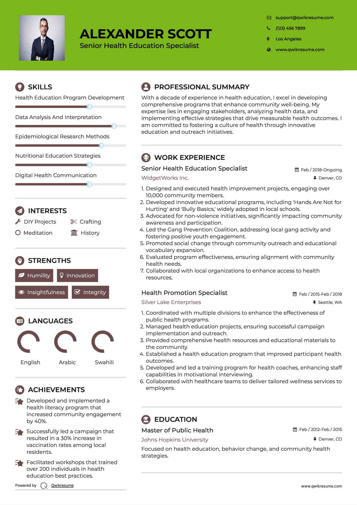 Senior Health Education Specialist Resume Format