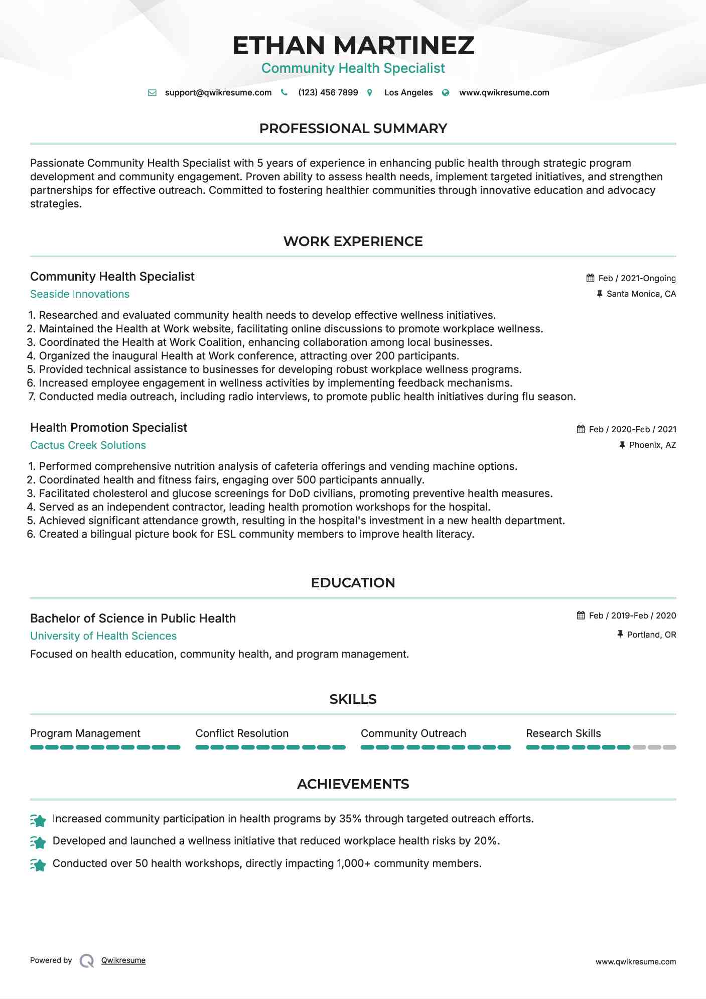 Community Health Specialist Resume Model