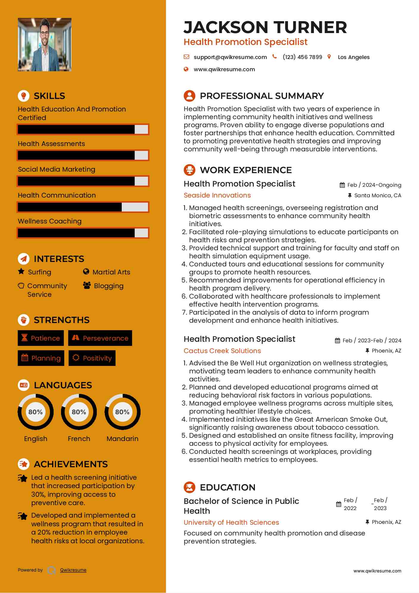 Health Promotion Specialist Resume Sample