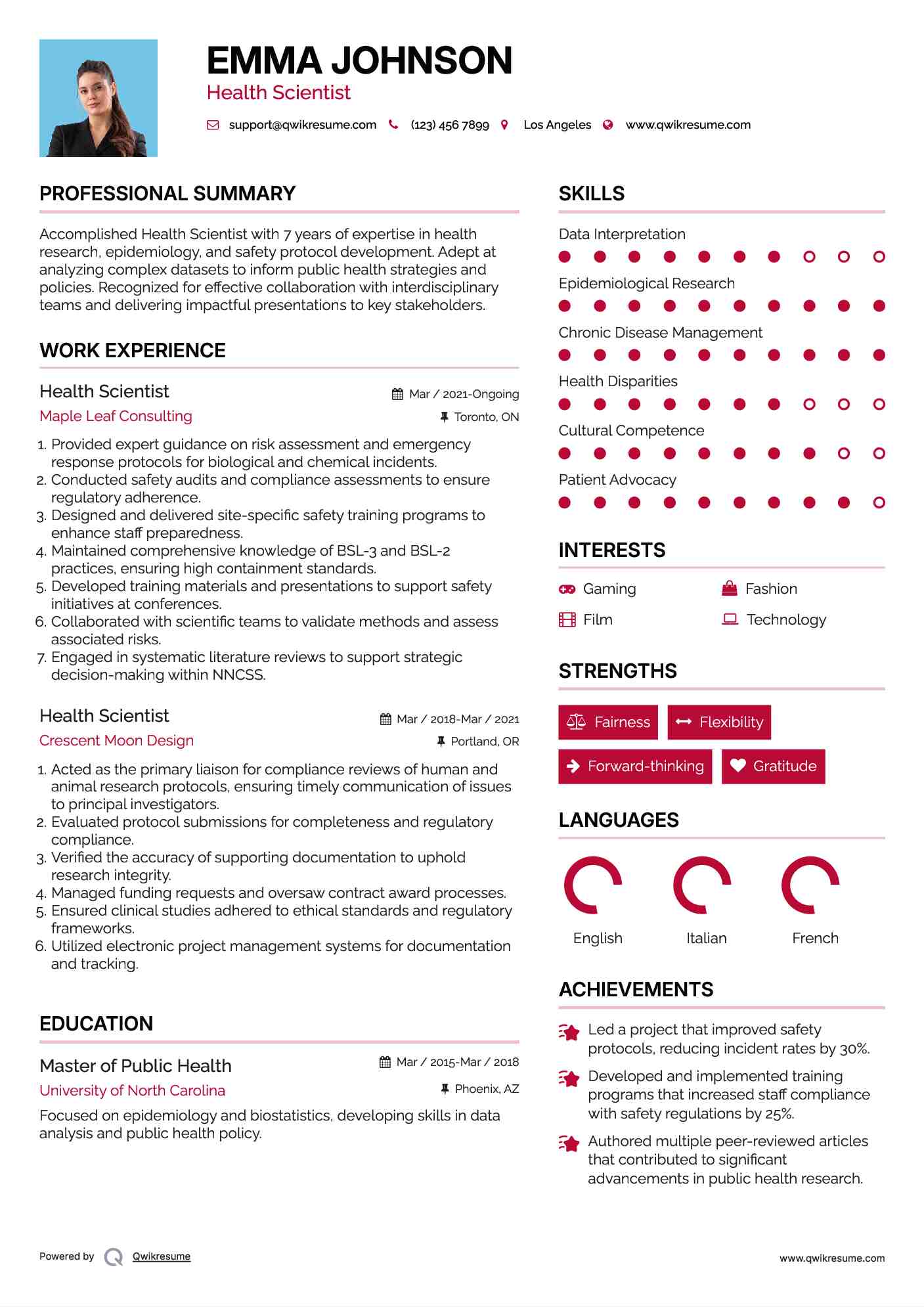 Health Scientist Resume Sample