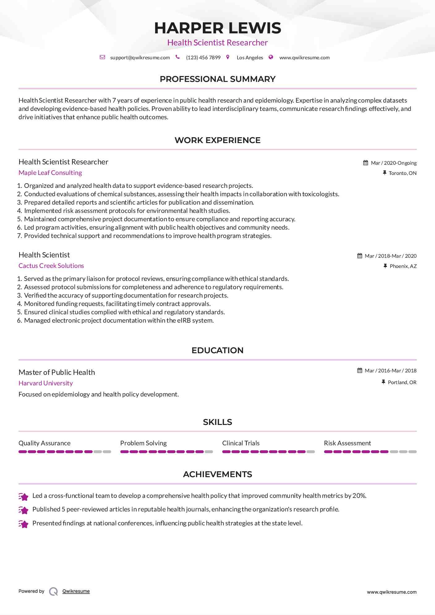 Health Scientist Researcher Resume Template