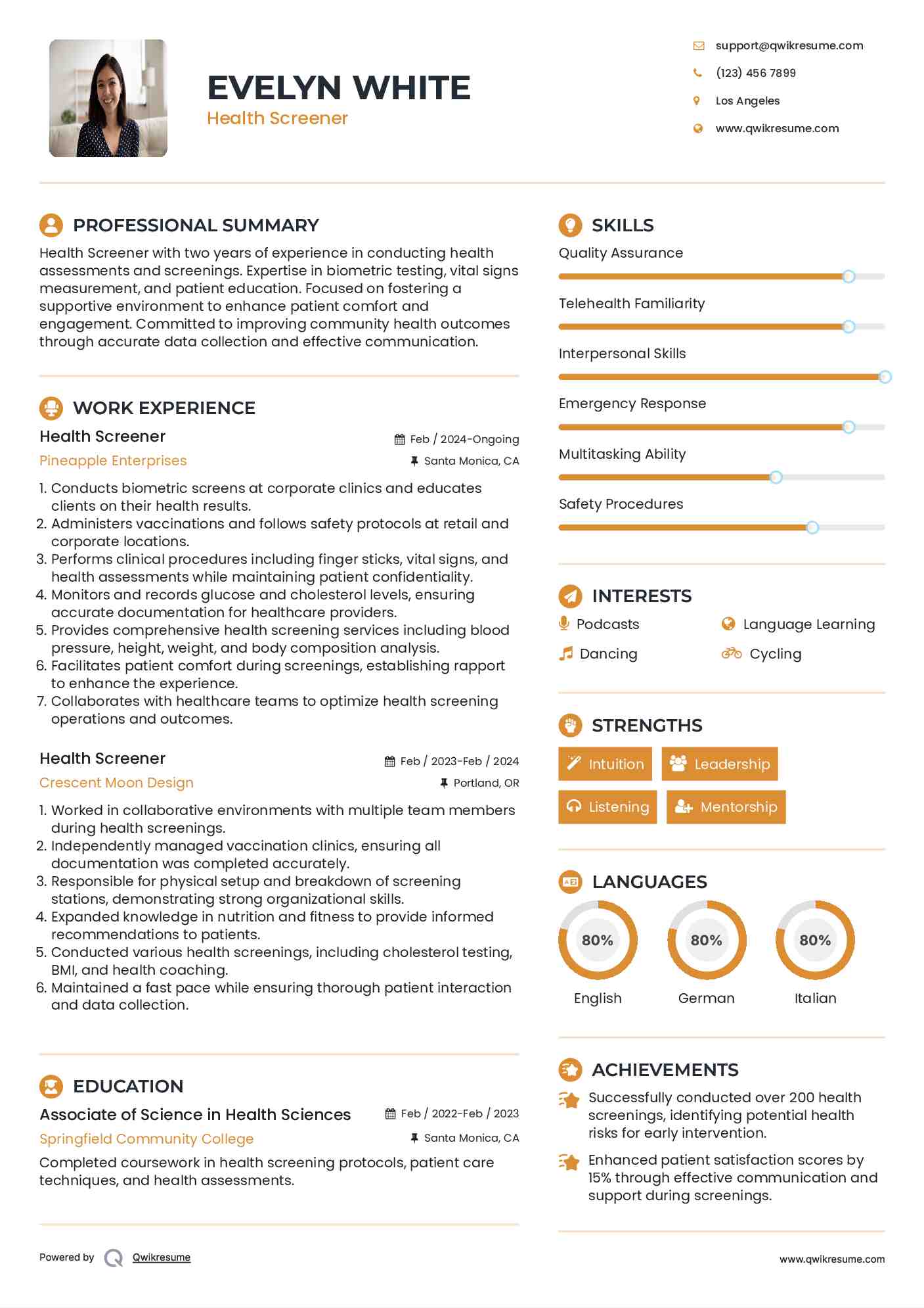 Health Screener Resume Sample