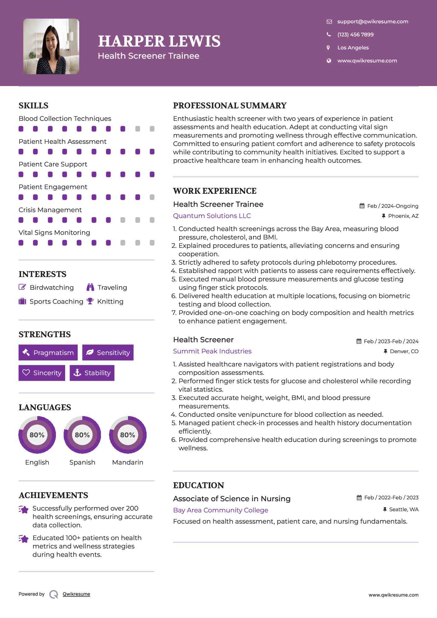 Health Screener Trainee Resume Model