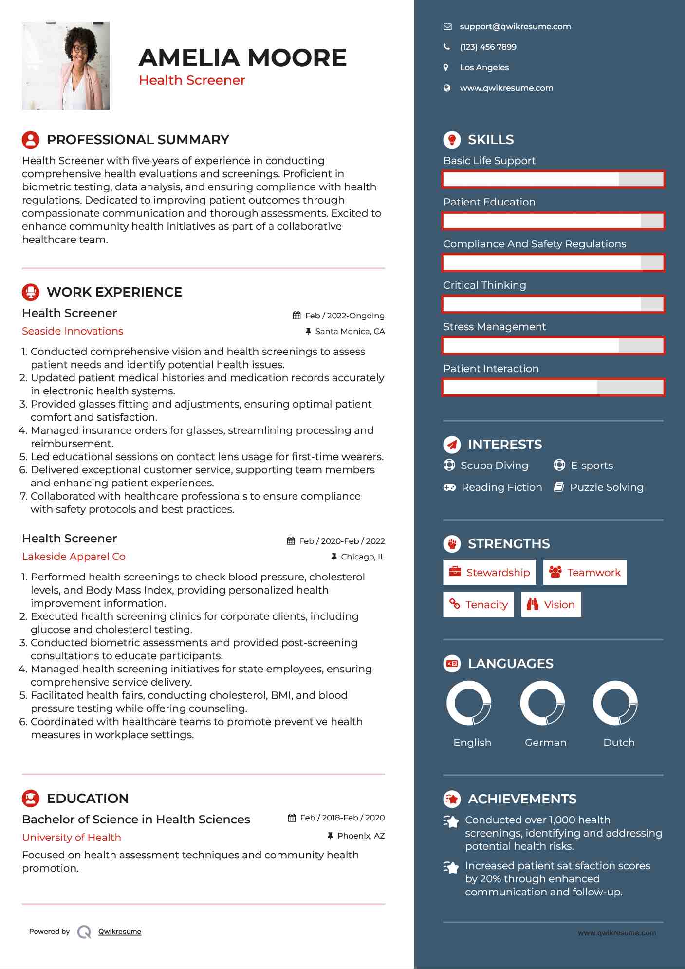 Health Screener Resume Template