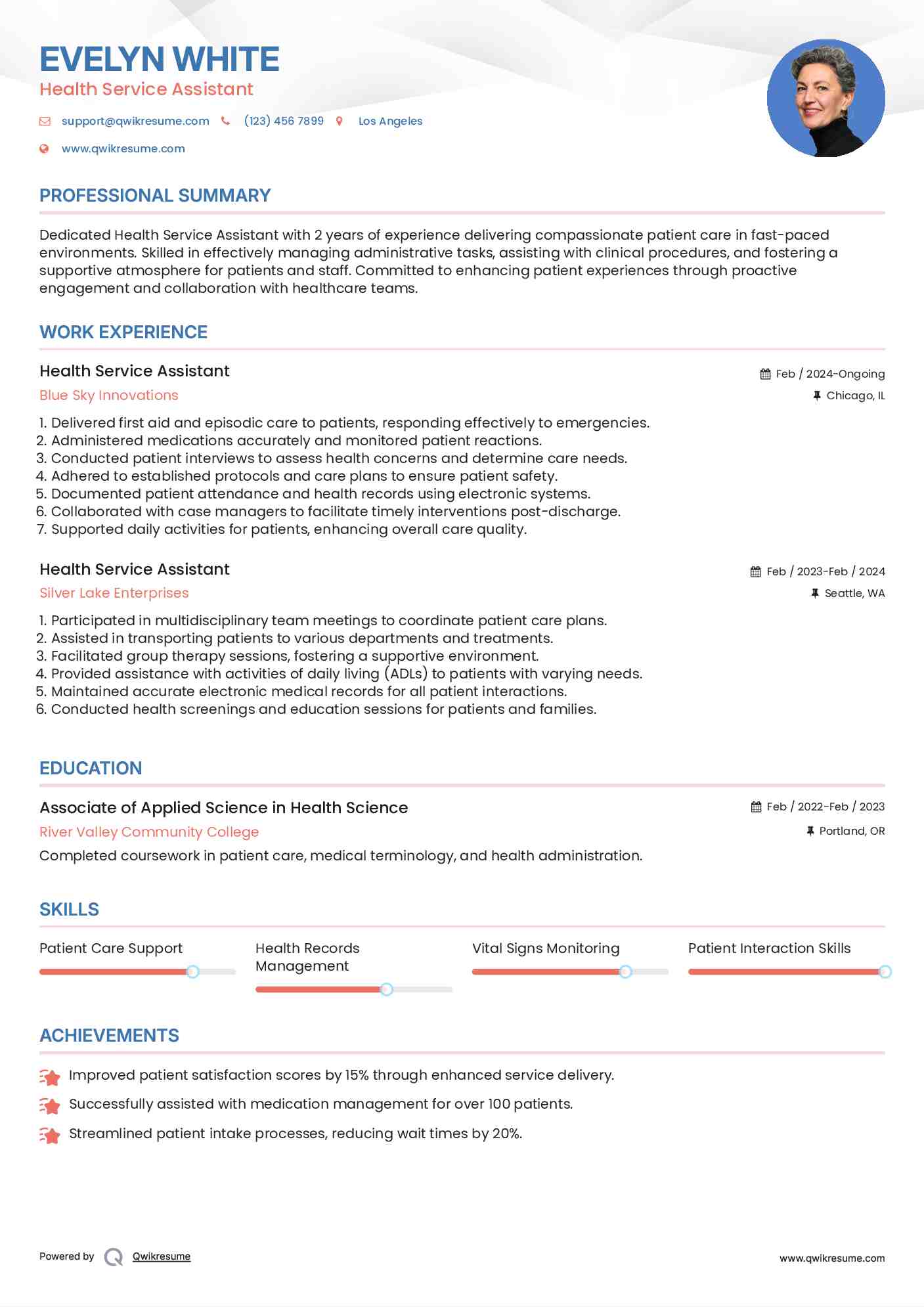 Health Service Assistant Resume Example
