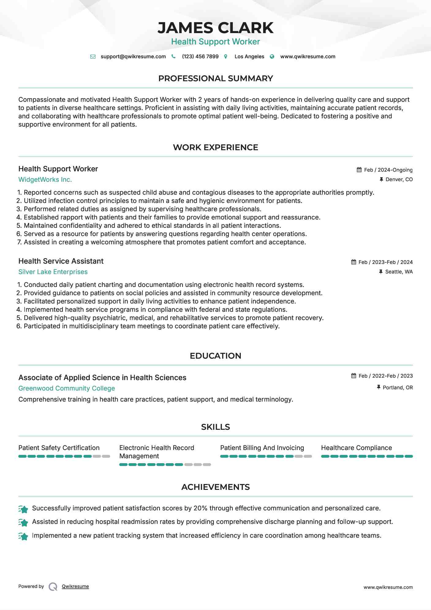 Health Support Worker Resume Model