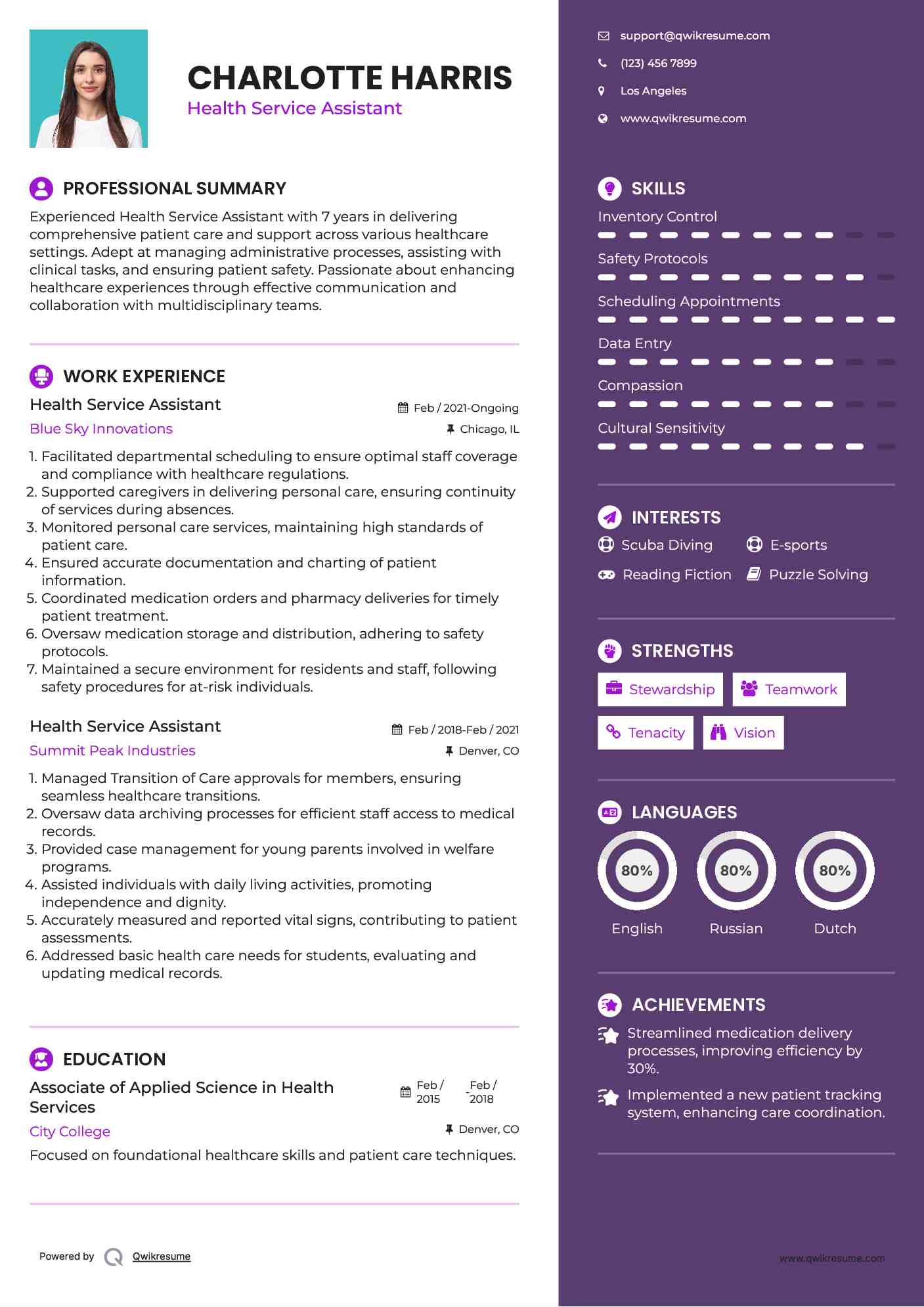 Health Service Assistant Resume Example