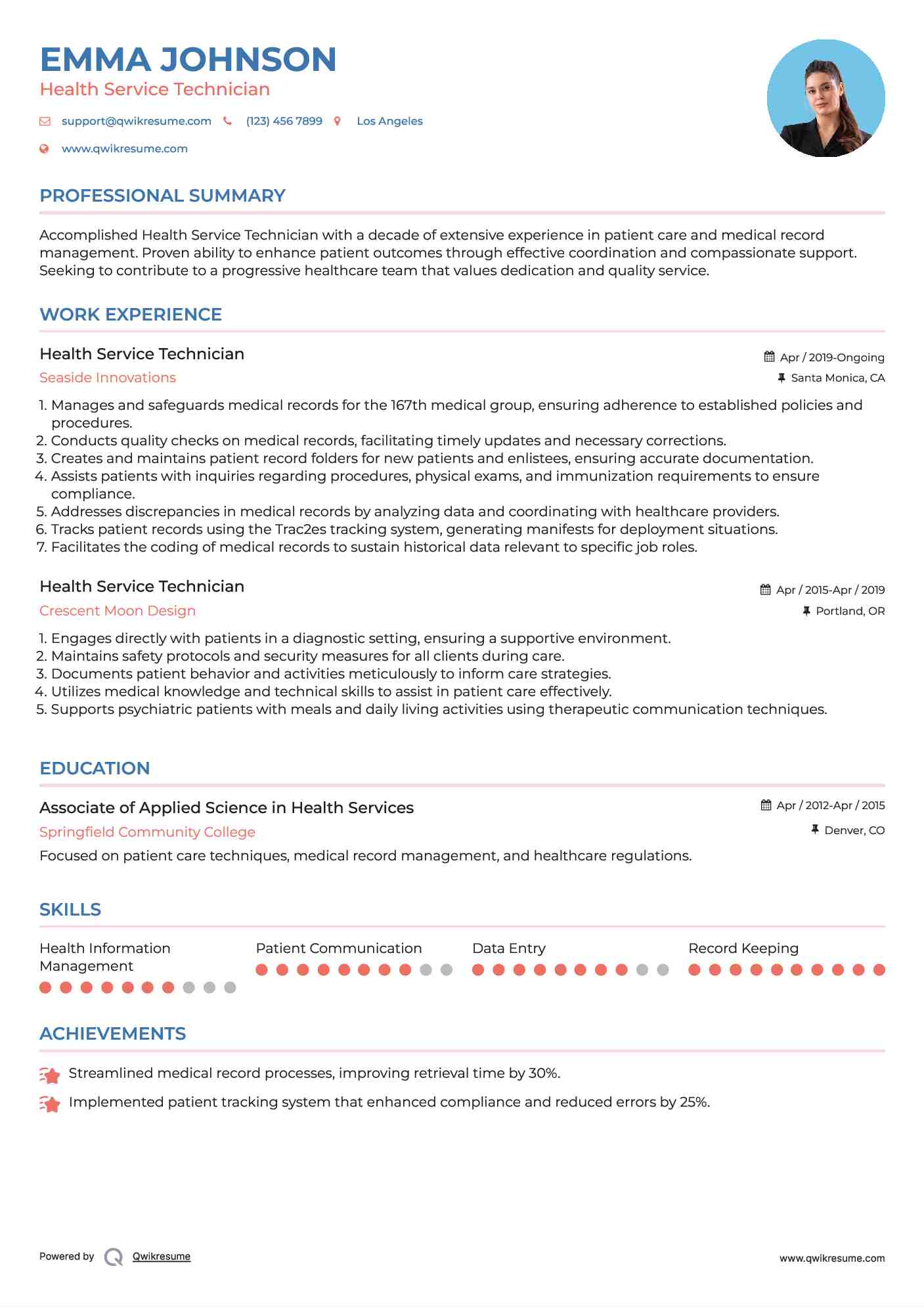 Health Service Technician Resume Template