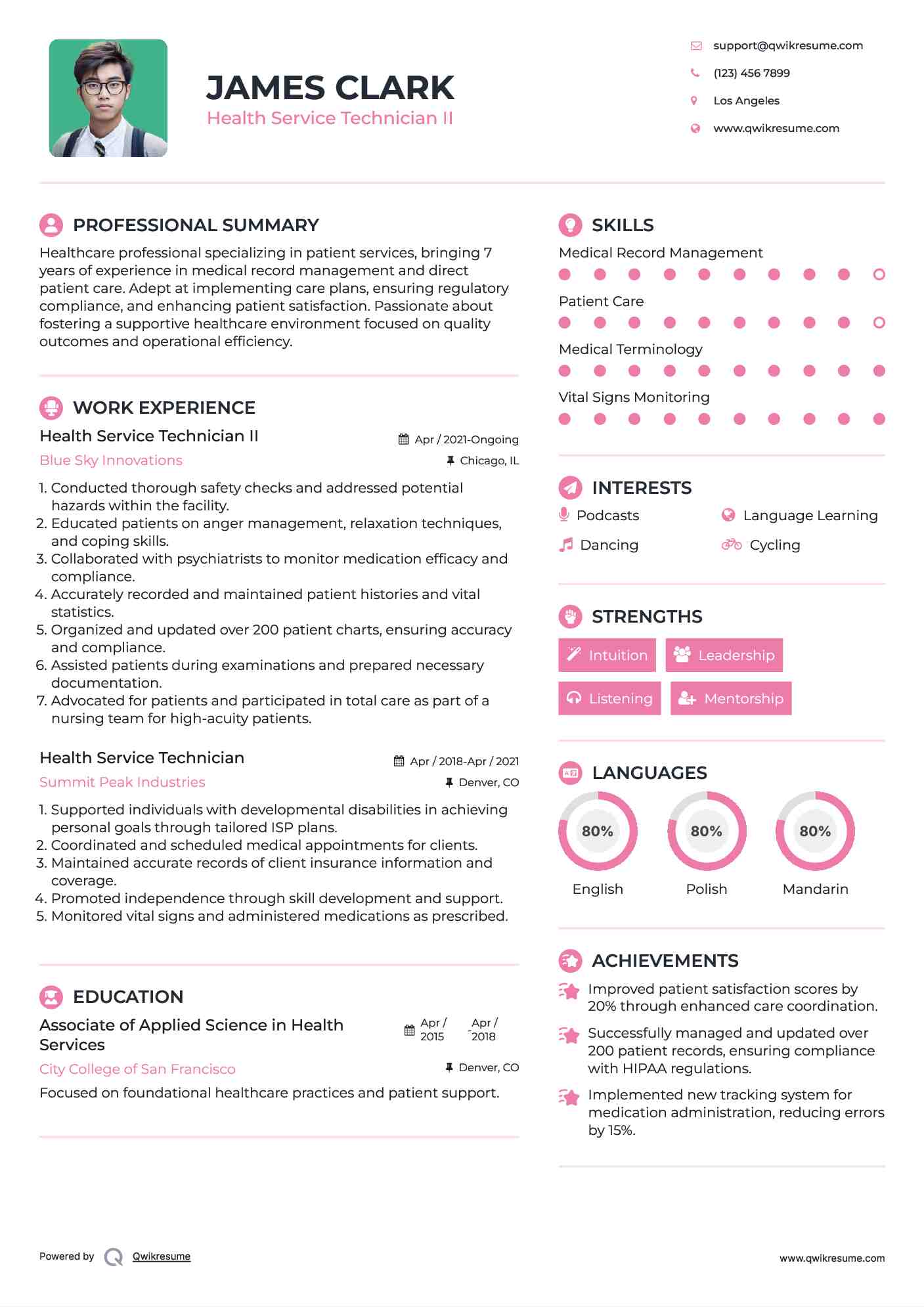 Health Service Technician II Resume Format
