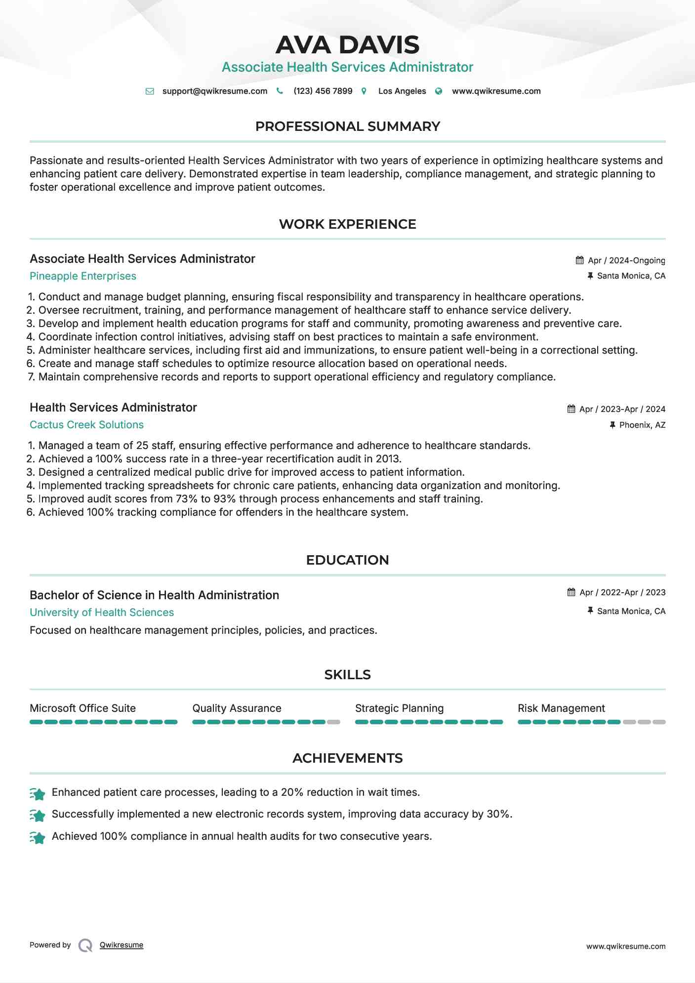 Associate Health Services Administrator Resume Template