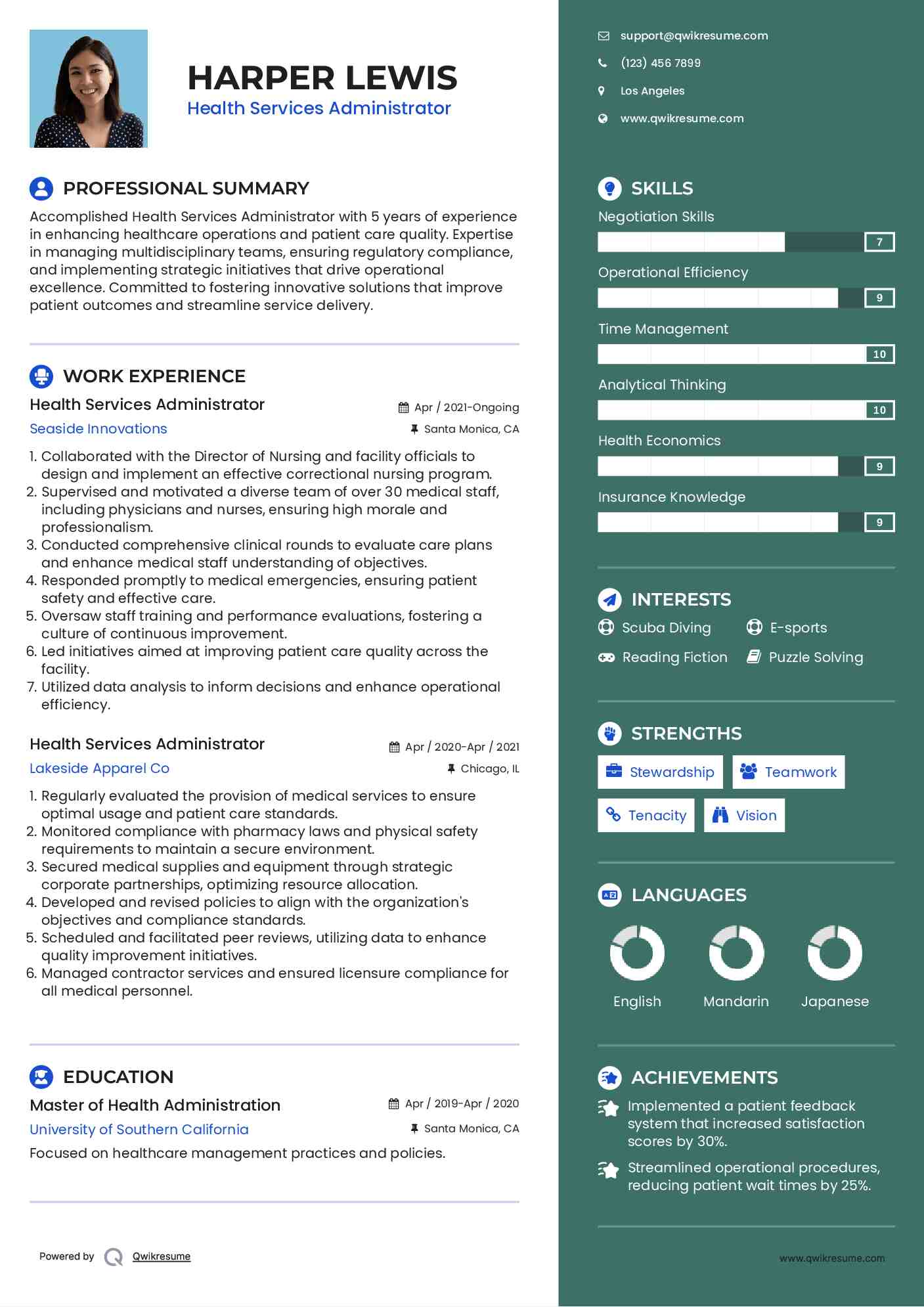 Health Services Administrator Resume Example
