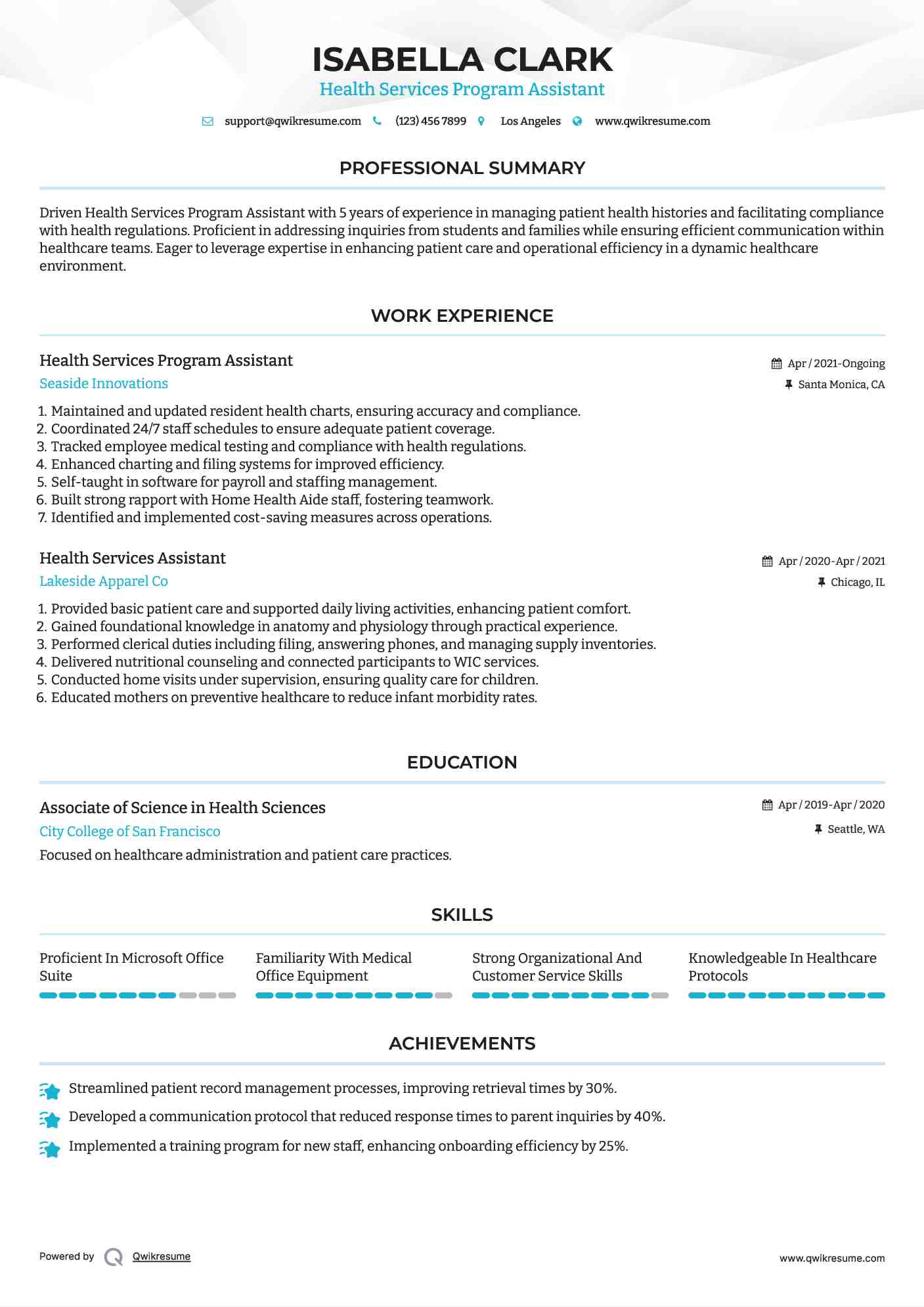 Health Services Program Assistant Resume Sample