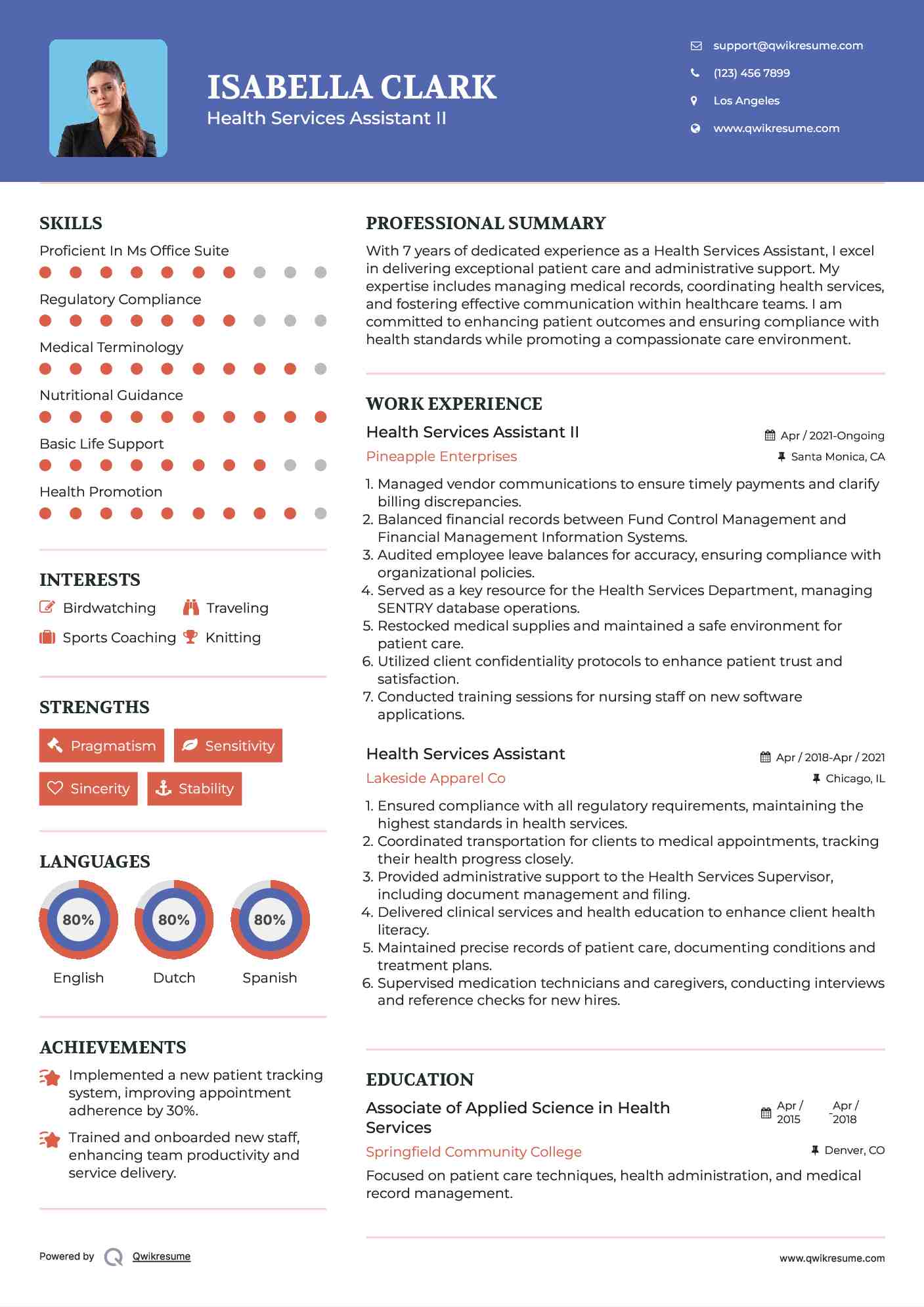 Health Services Assistant II Resume Template