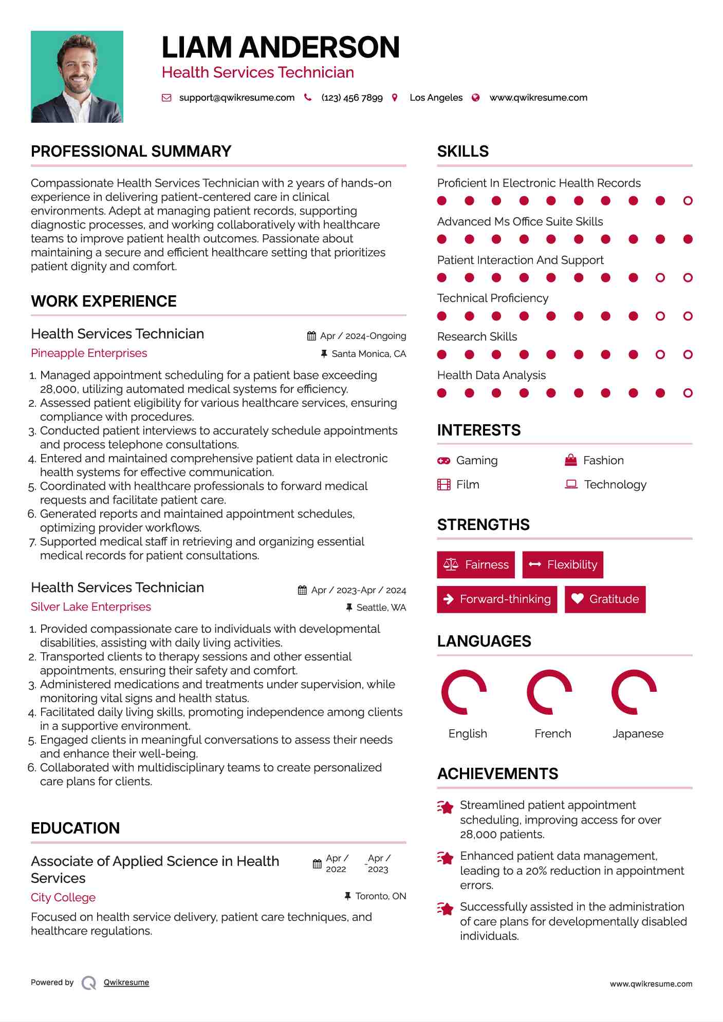 Health Services Technician Resume Sample