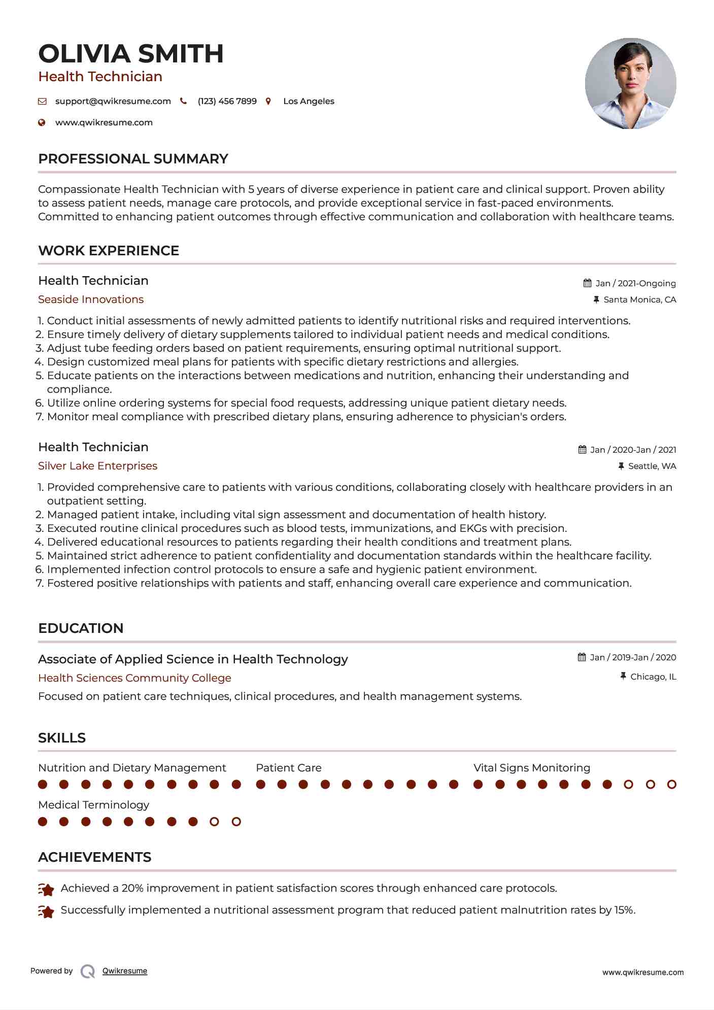 Health Technician Resume Model