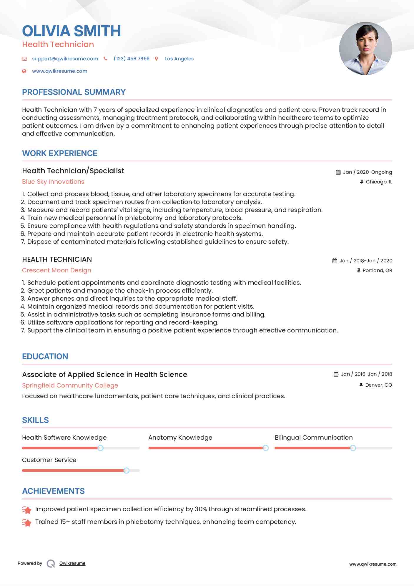 Health Technician/Specialist Resume Sample