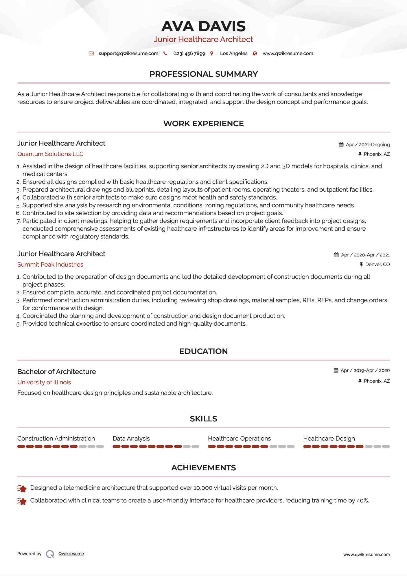 Junior Healthcare Architect Resume Example
