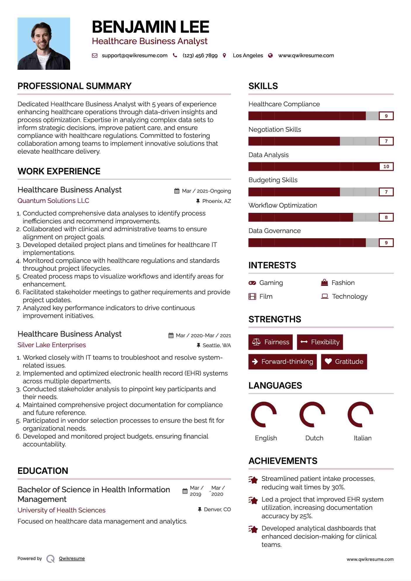 Healthcare Business Analyst Resume Sample