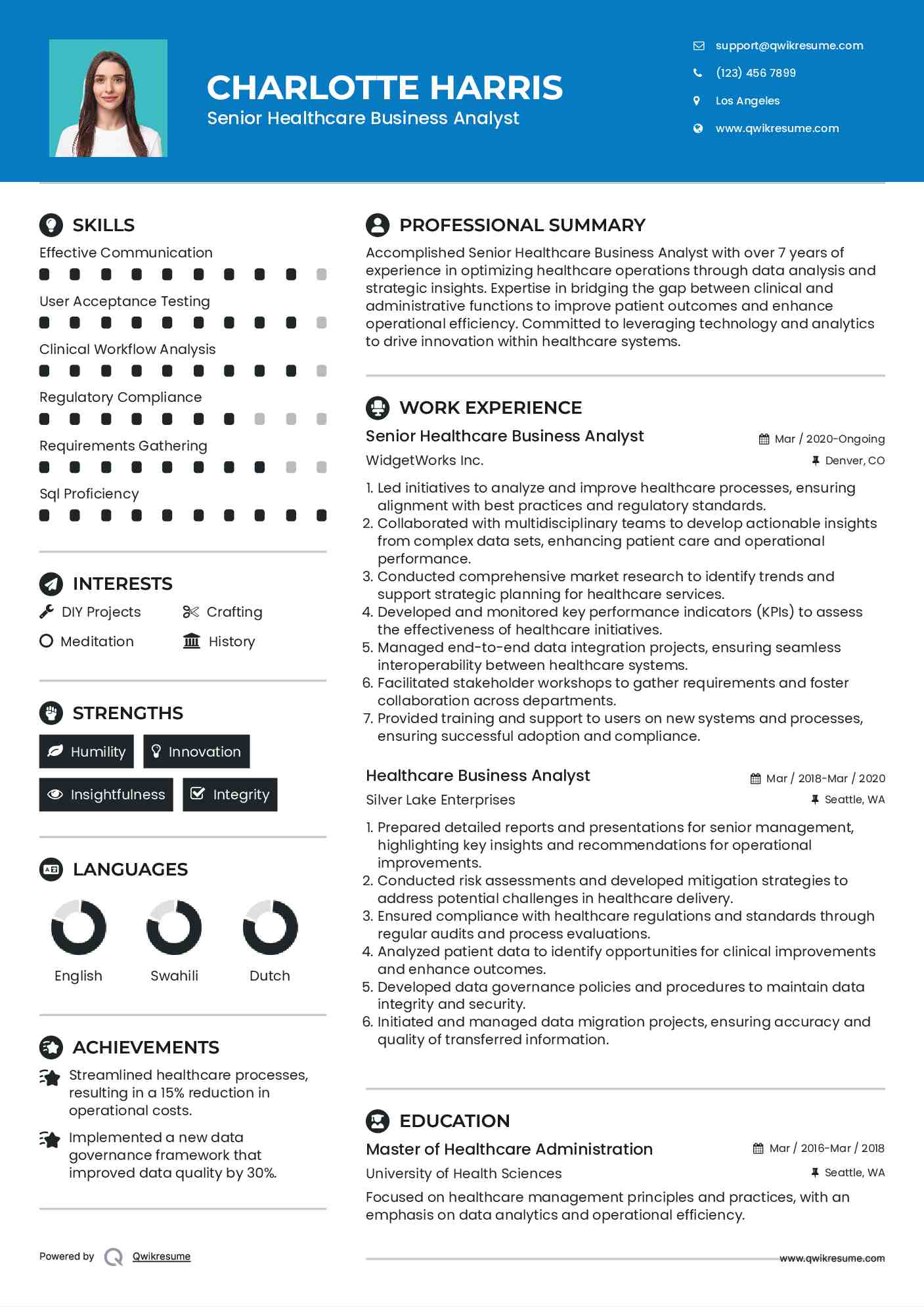 Senior Healthcare Business Analyst Resume Model