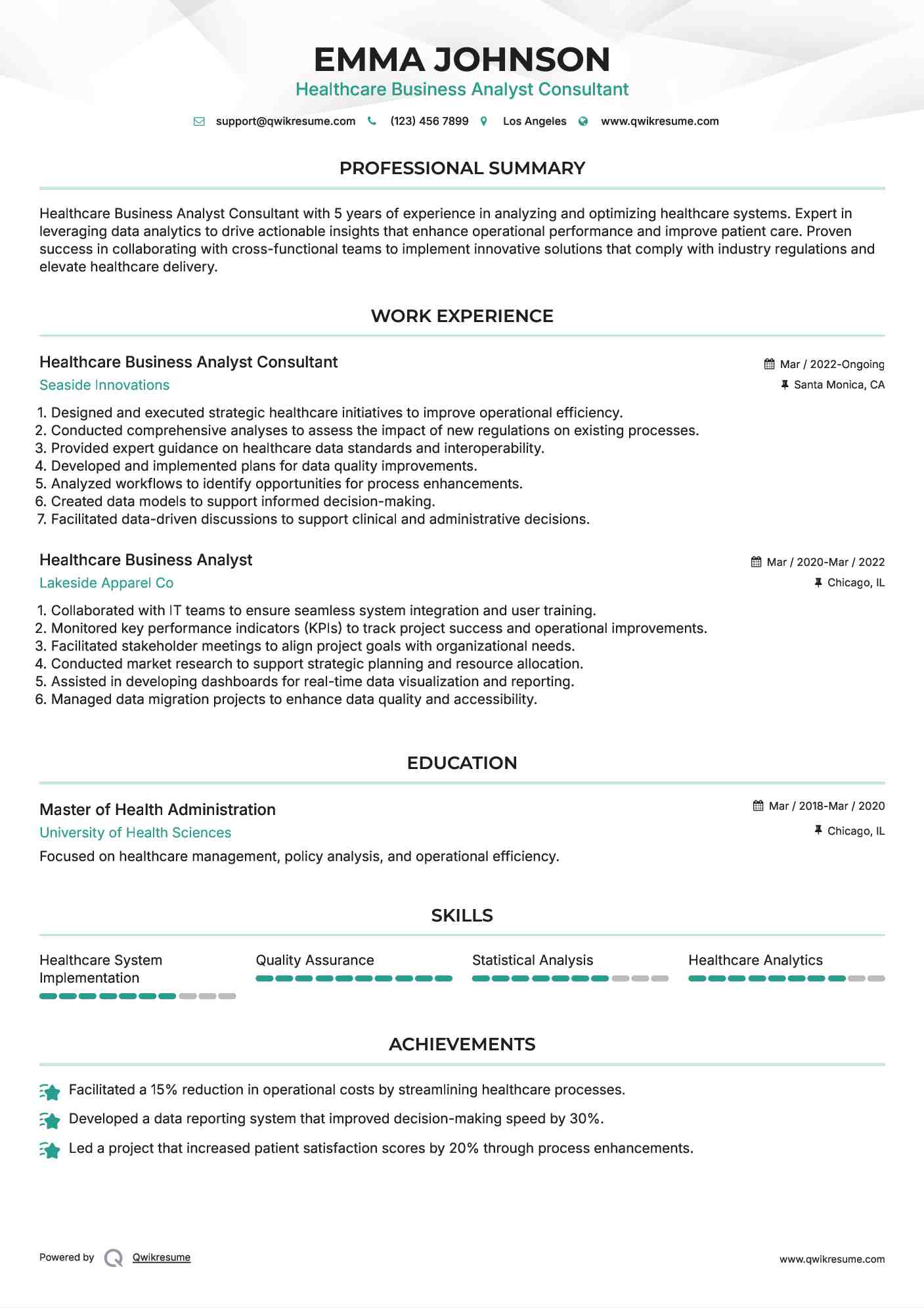 Healthcare Business Analyst Consultant Resume Sample