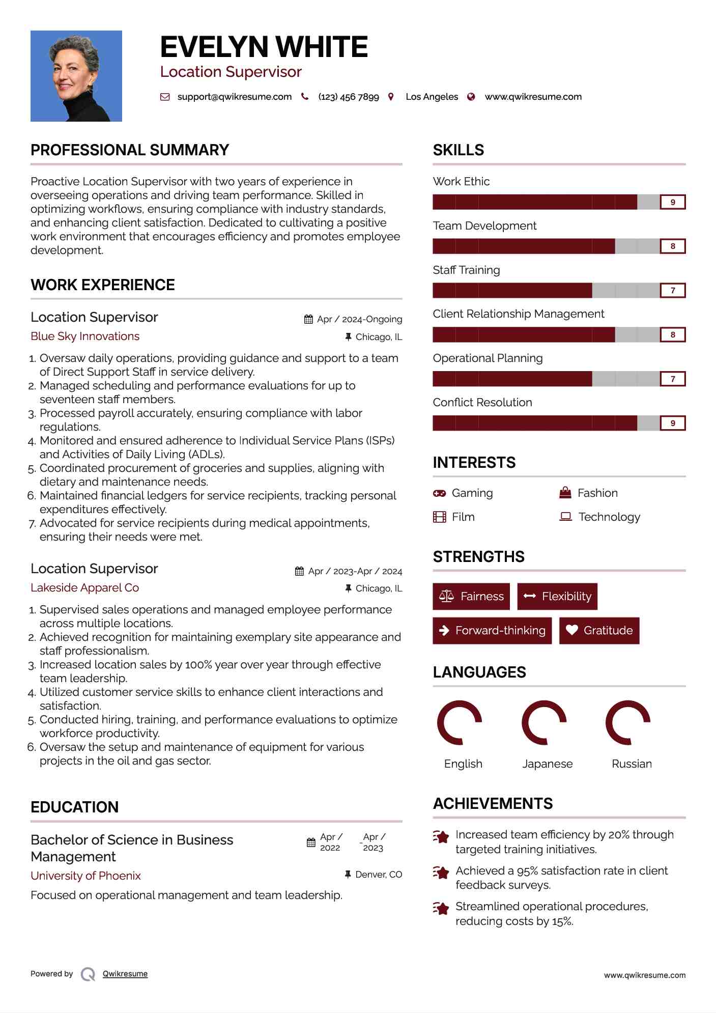 Location Supervisor Resume Template
