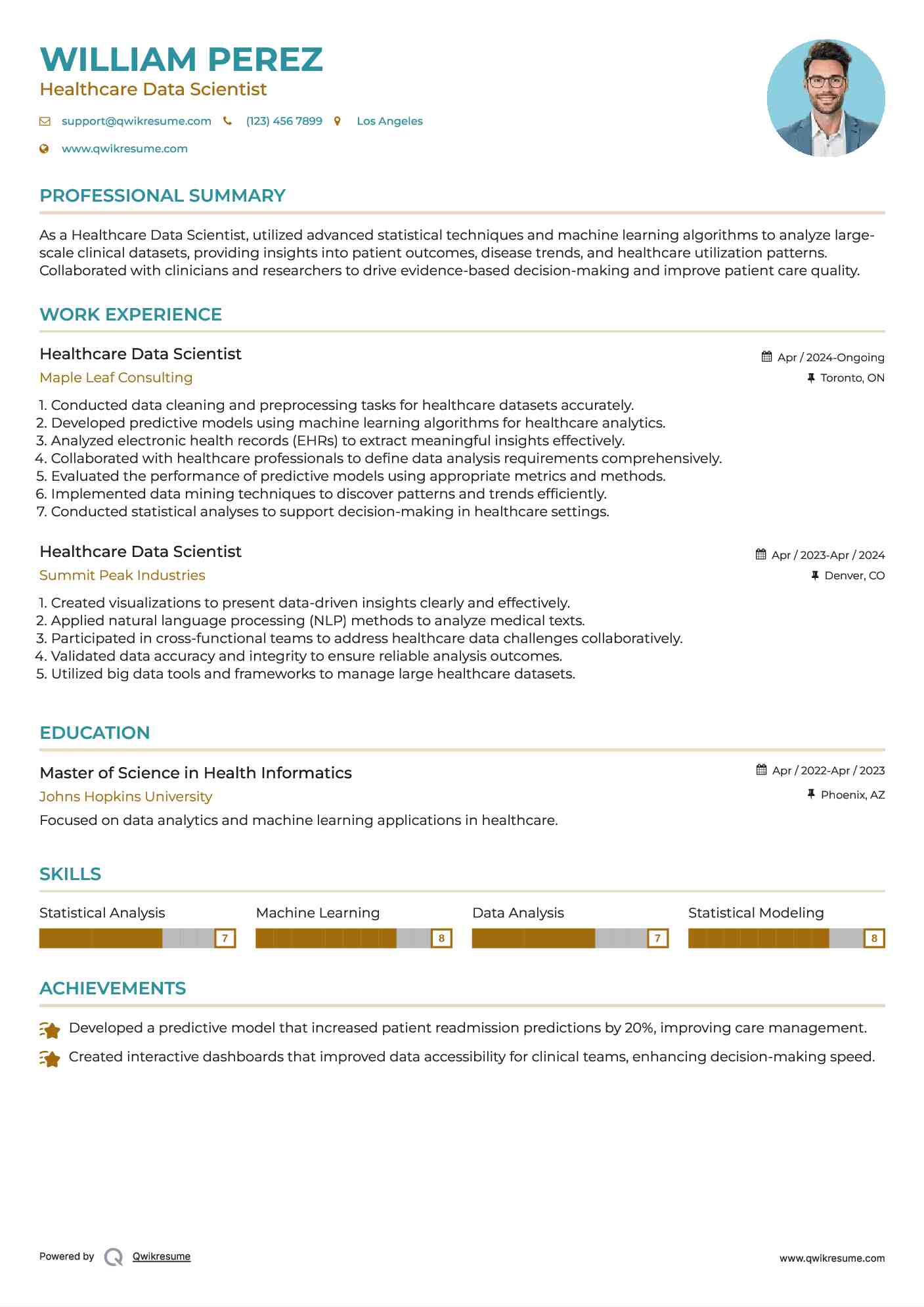 Healthcare Data Scientist Resume Model