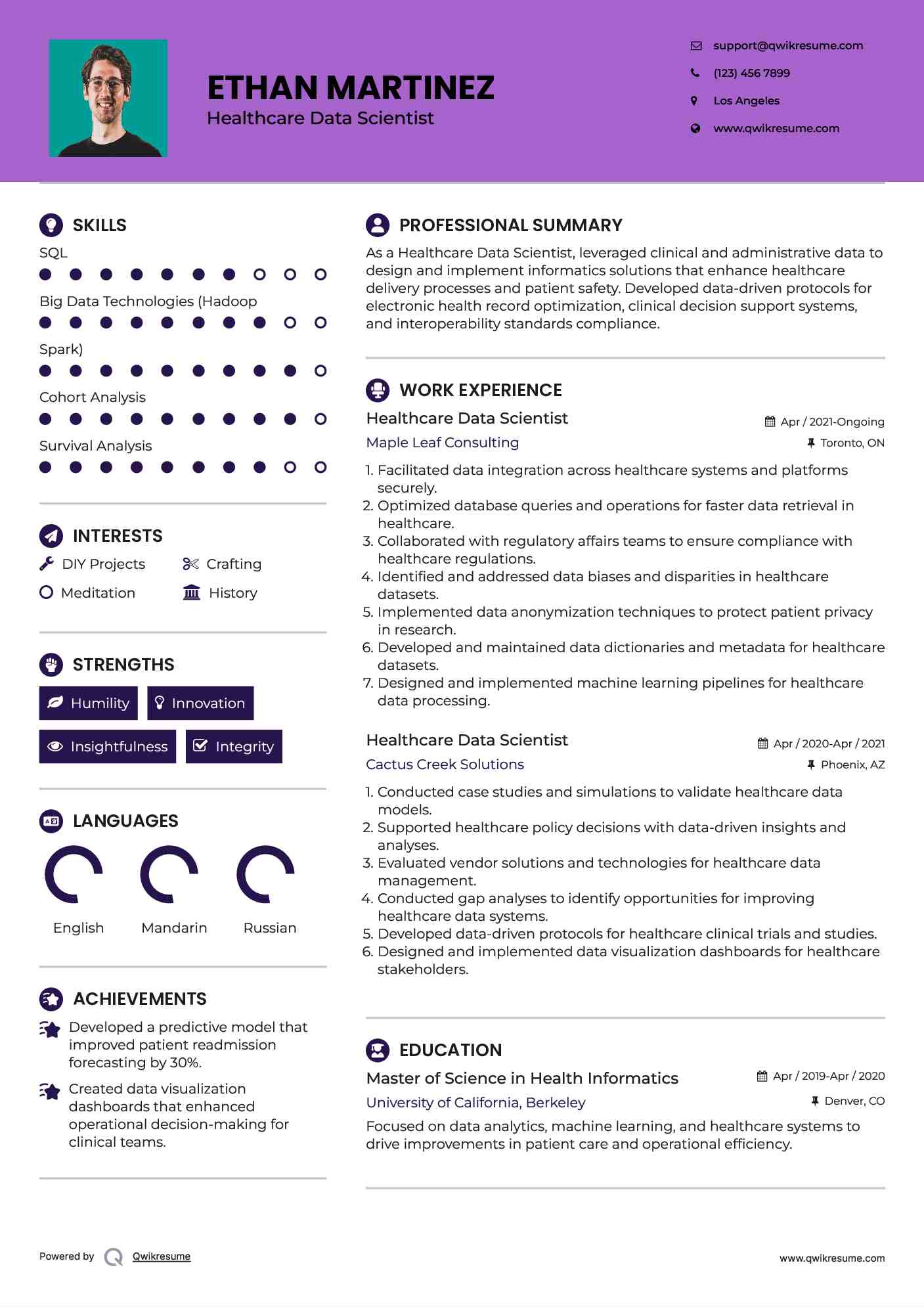Healthcare Data Scientist Resume Example